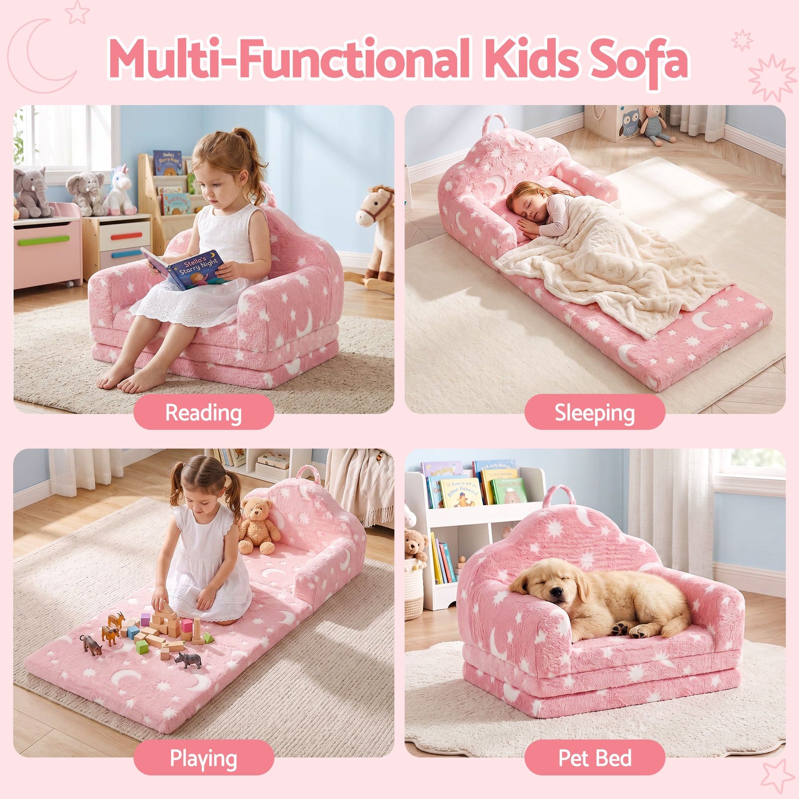 Kids 2-in-1 Fold Out Sofa Bed with Removable Washable Cover, Carry Handle, Storage Pocket, Glow in the Dark, Pink