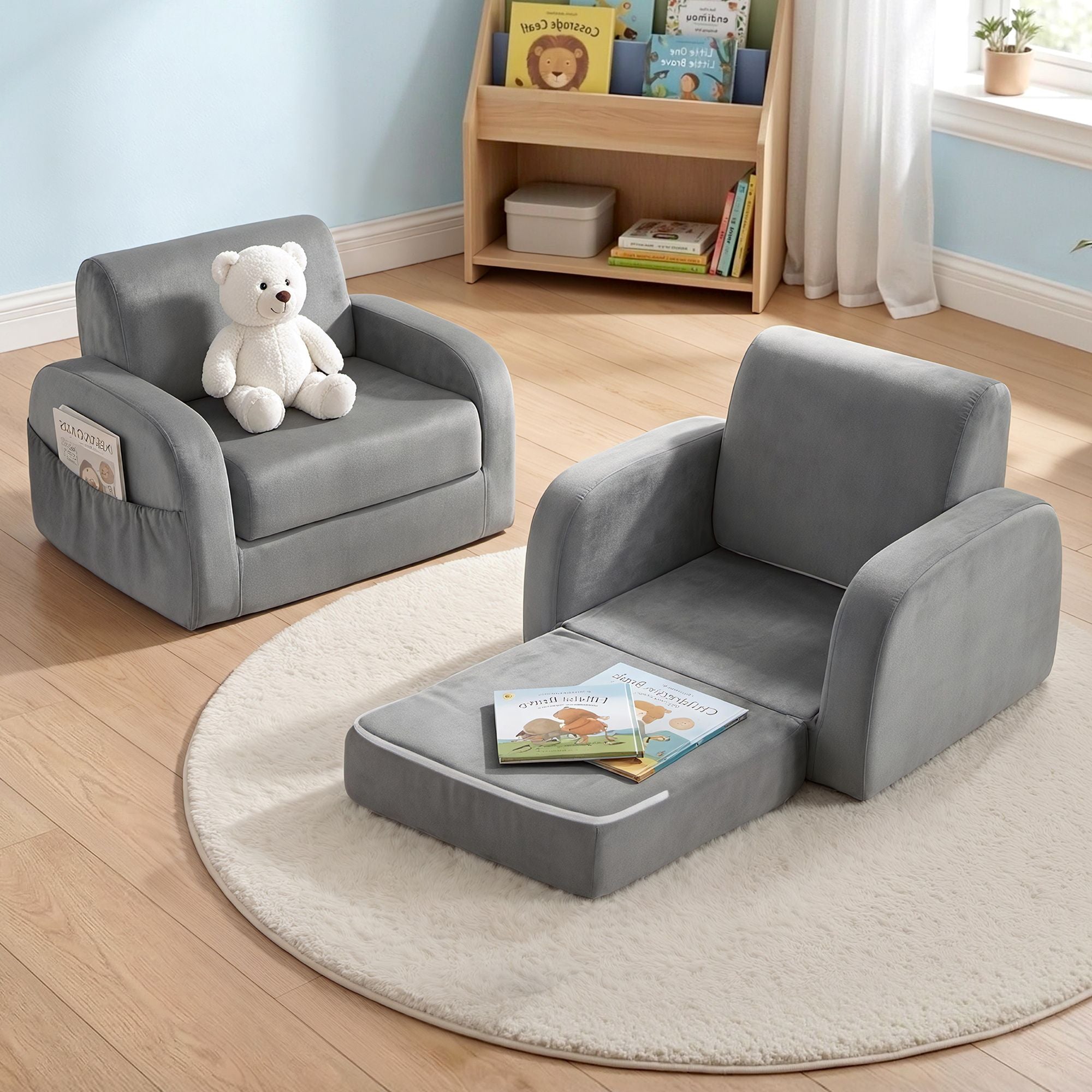 Kids Sofa 1 Seater Children Flip Open Couch Lounger Armchair Soft Grey