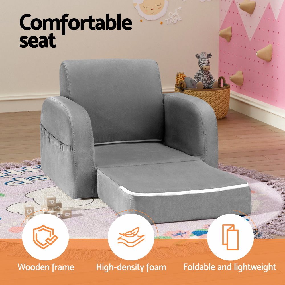 Kids Sofa 1 Seater Children Flip Open Couch Lounger Armchair Soft Grey