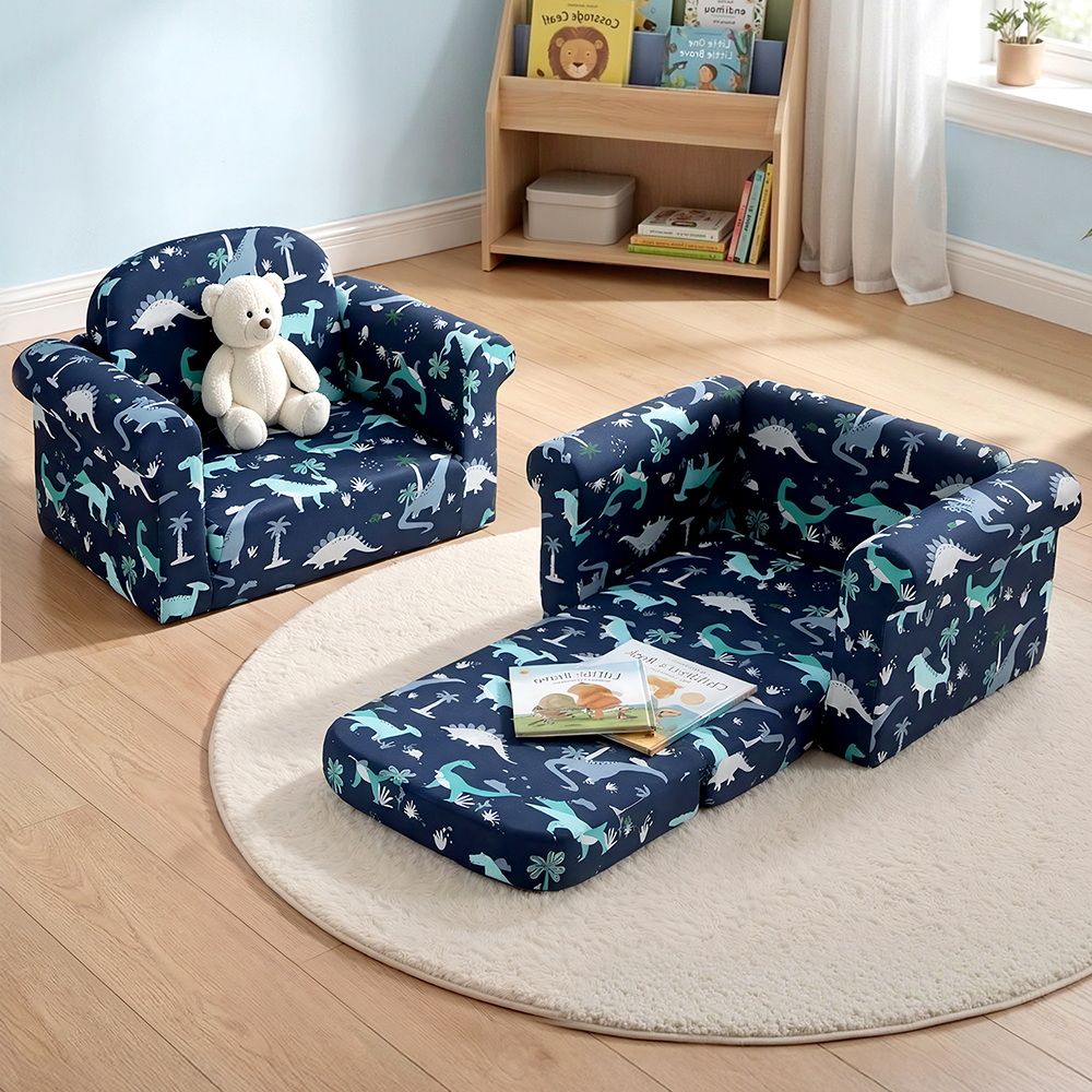 Kids Sofa 1 Seater Children Flip Open Couch Lounger Armchair Dinosaur Navy