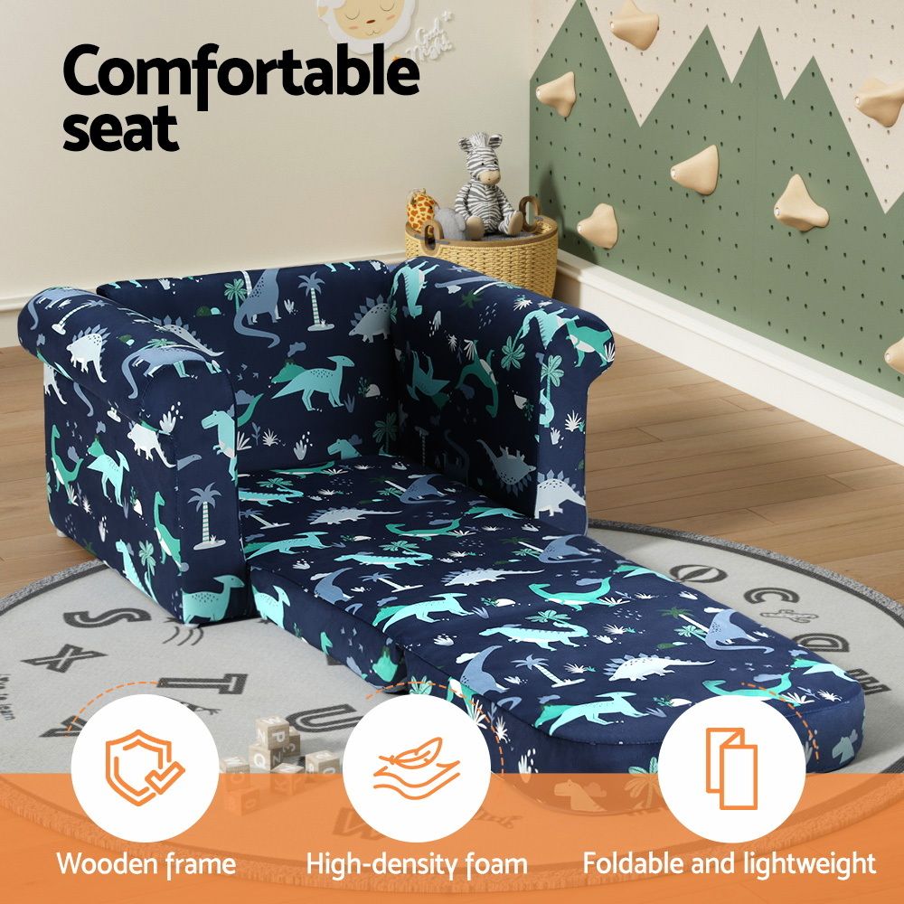 Kids Sofa 1 Seater Children Flip Open Couch Lounger Armchair Dinosaur Navy