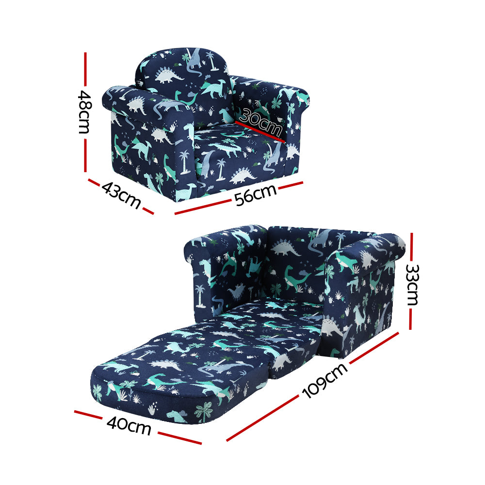 Kids Sofa 1 Seater Children Flip Open Couch Lounger Armchair Dinosaur Navy