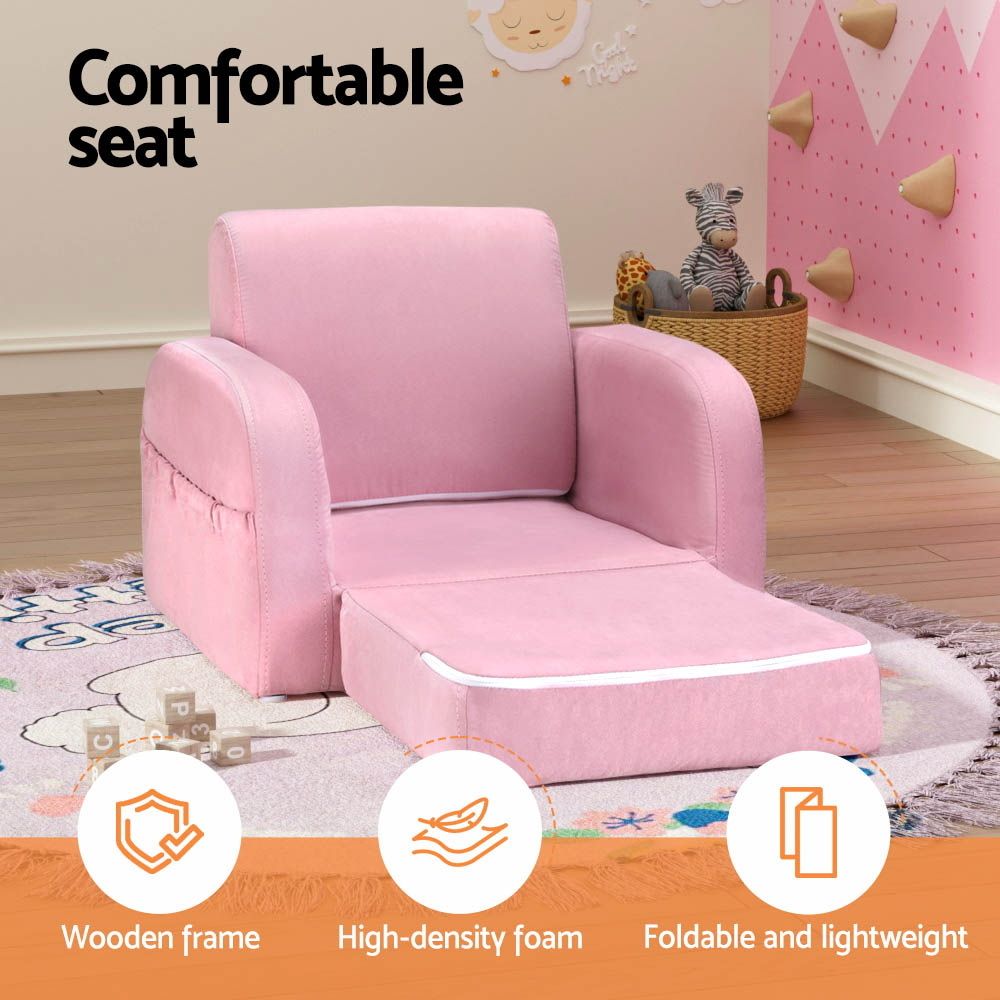 Kids Sofa 1 Seater Children Flip Open Couch Lounger Armchair Soft Pink