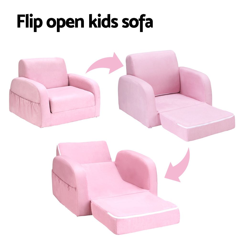 Kids Sofa 1 Seater Children Flip Open Couch Lounger Armchair Soft Pink