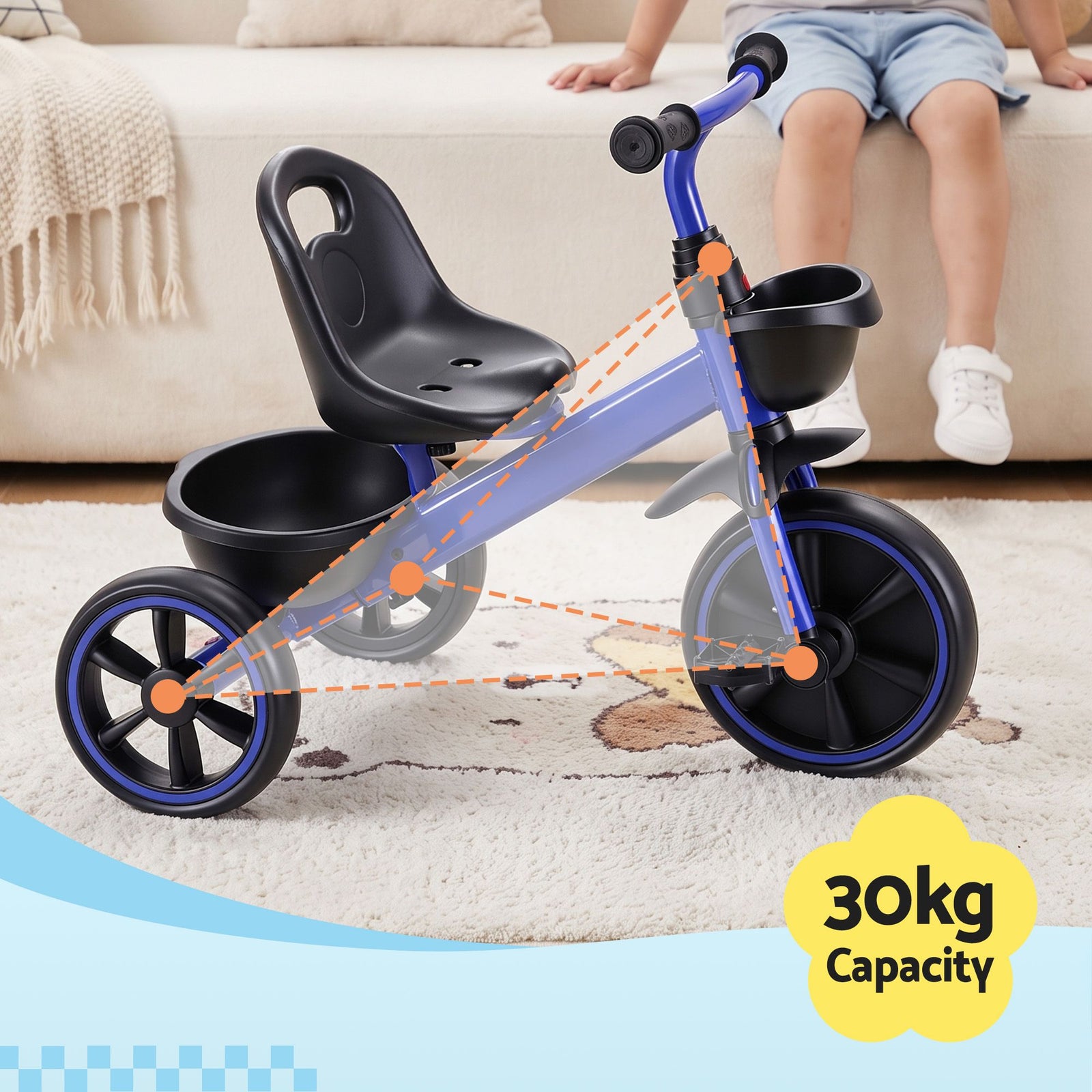Tricycle Bike, Kids Bike with 3 wheels, basket Carbon Steel 68cm Blue