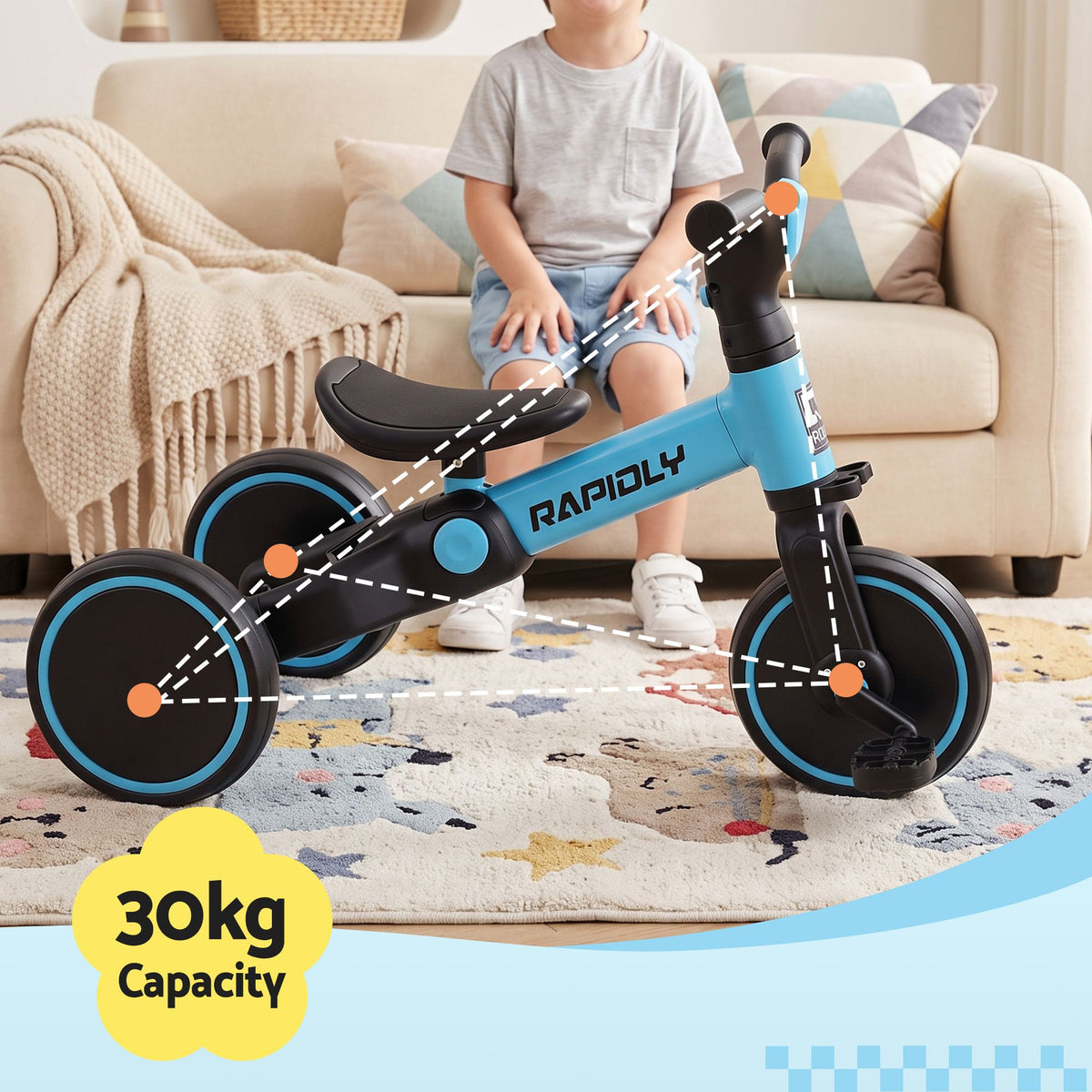 Kids Tricycle Bike, 3 Wheel Carbon Steel Trike, 70cm, Blue Colour Combo