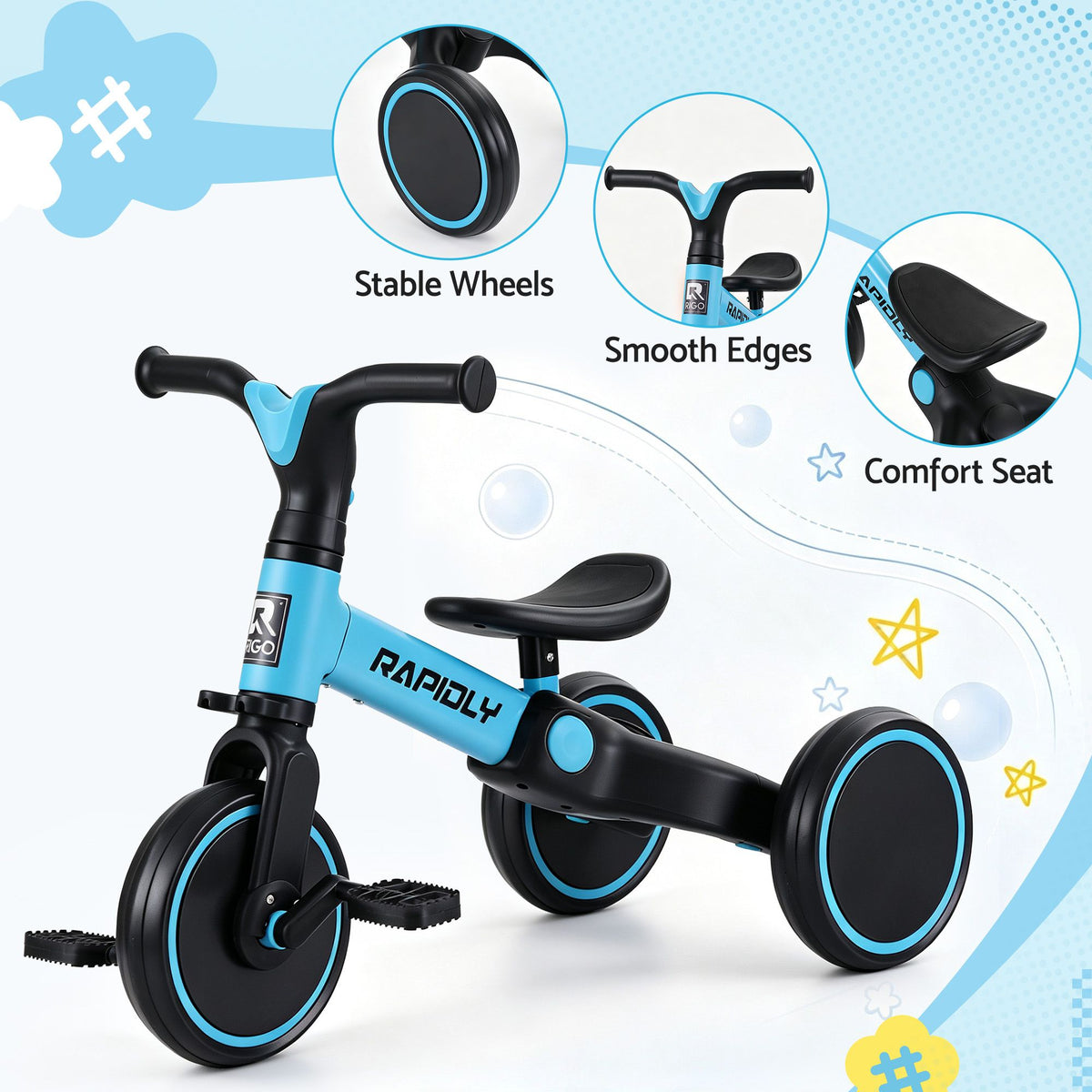 Kids Tricycle Bike, 3 Wheel Carbon Steel Trike, 70cm, Blue Colour Combo
