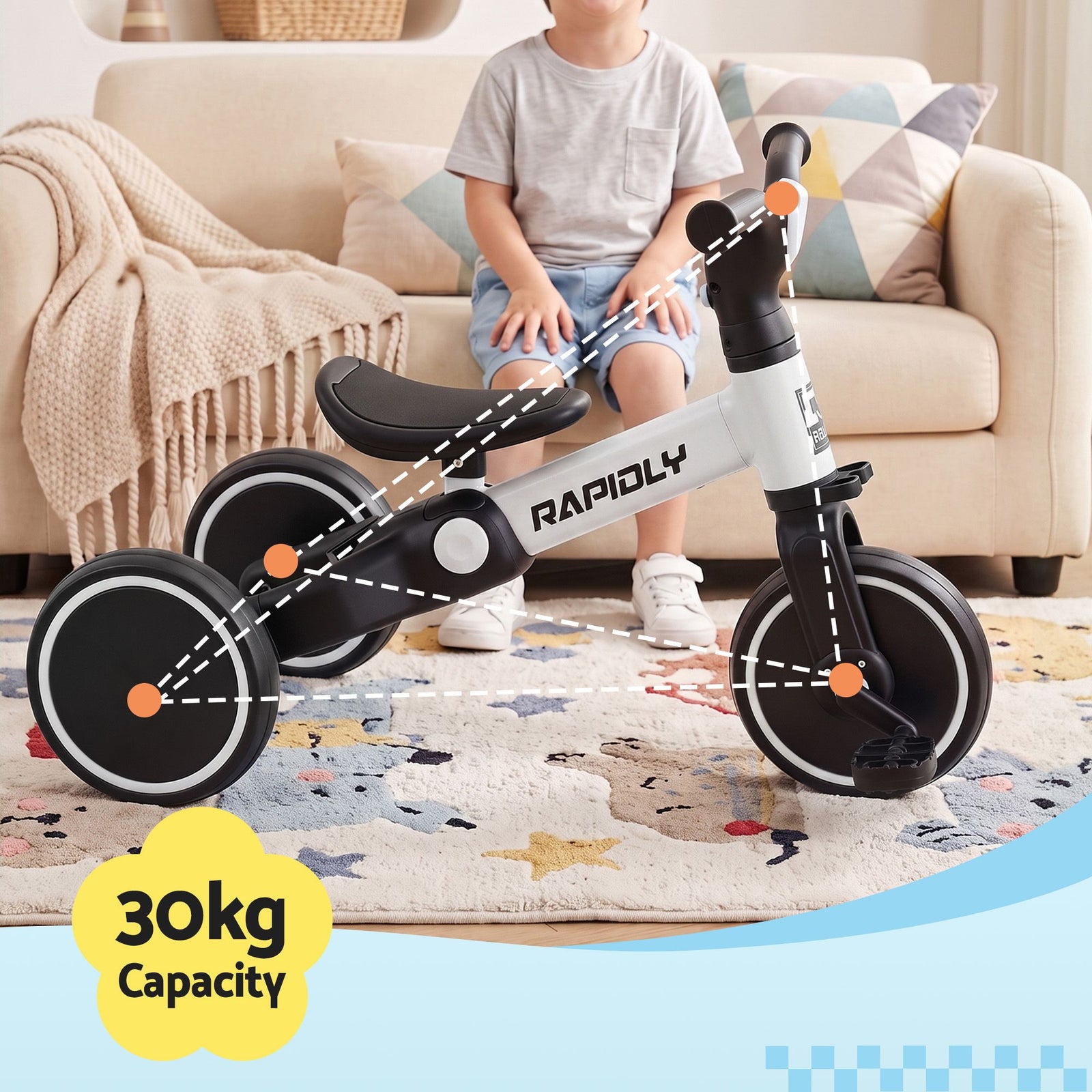RIGO Tricycle Bike, Kids Bike with 3 wheels, Carbon Steel 70cm White