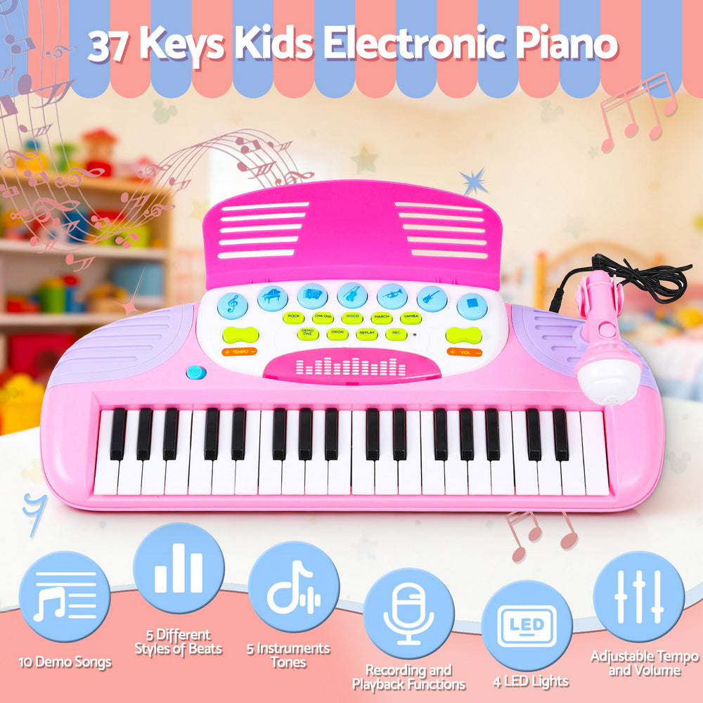 Kids Piano Keyboard 37 Keys Electronic Musical Instrument Set w/ Stool Microphone