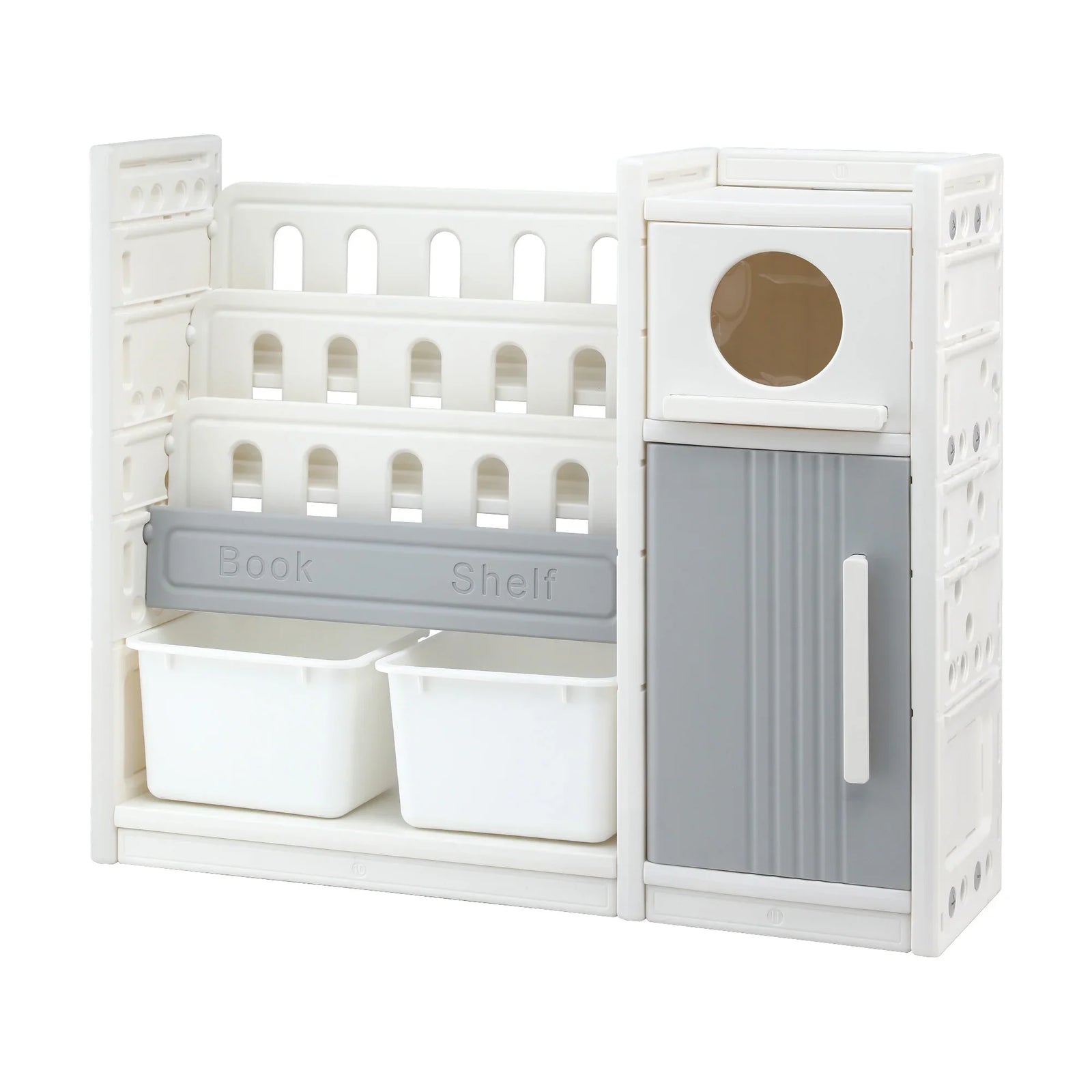 Kids Bookshelf and Toy Storage Organizer with 3-Tier Bookshelvs, 2 Removable Bins and 2 Storage Cabinets, Toddler Bookshelf with Toy Organizer for Kids' Rooms, Playrooms