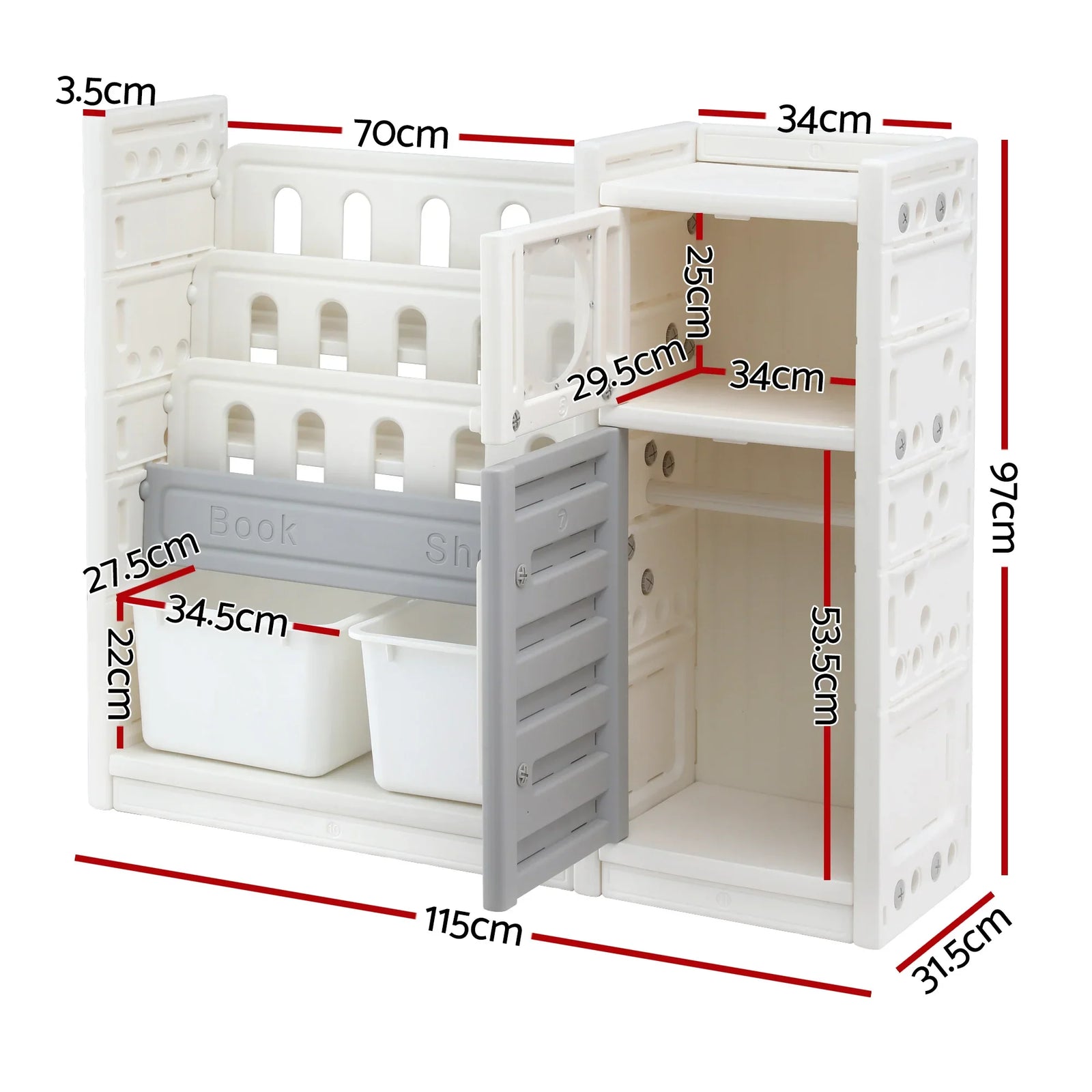 Kids Bookshelf and Toy Storage Organizer with 3-Tier Bookshelvs, 2 Removable Bins and 2 Storage Cabinets, Toddler Bookshelf with Toy Organizer for Kids' Rooms, Playrooms