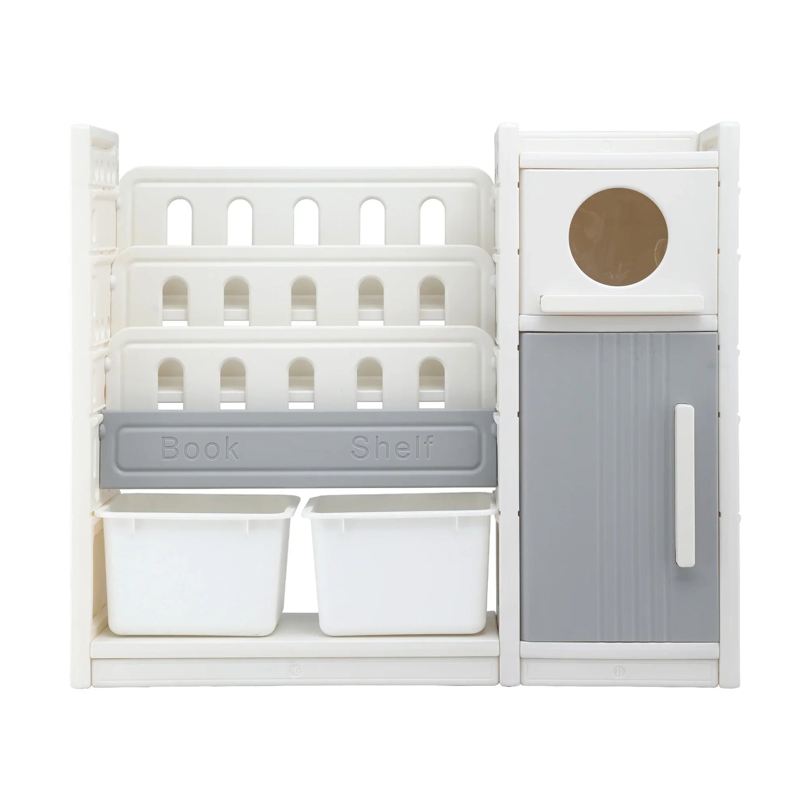 Kids Bookshelf and Toy Storage Organizer with 3-Tier Bookshelvs, 2 Removable Bins and 2 Storage Cabinets, Toddler Bookshelf with Toy Organizer for Kids' Rooms, Playrooms