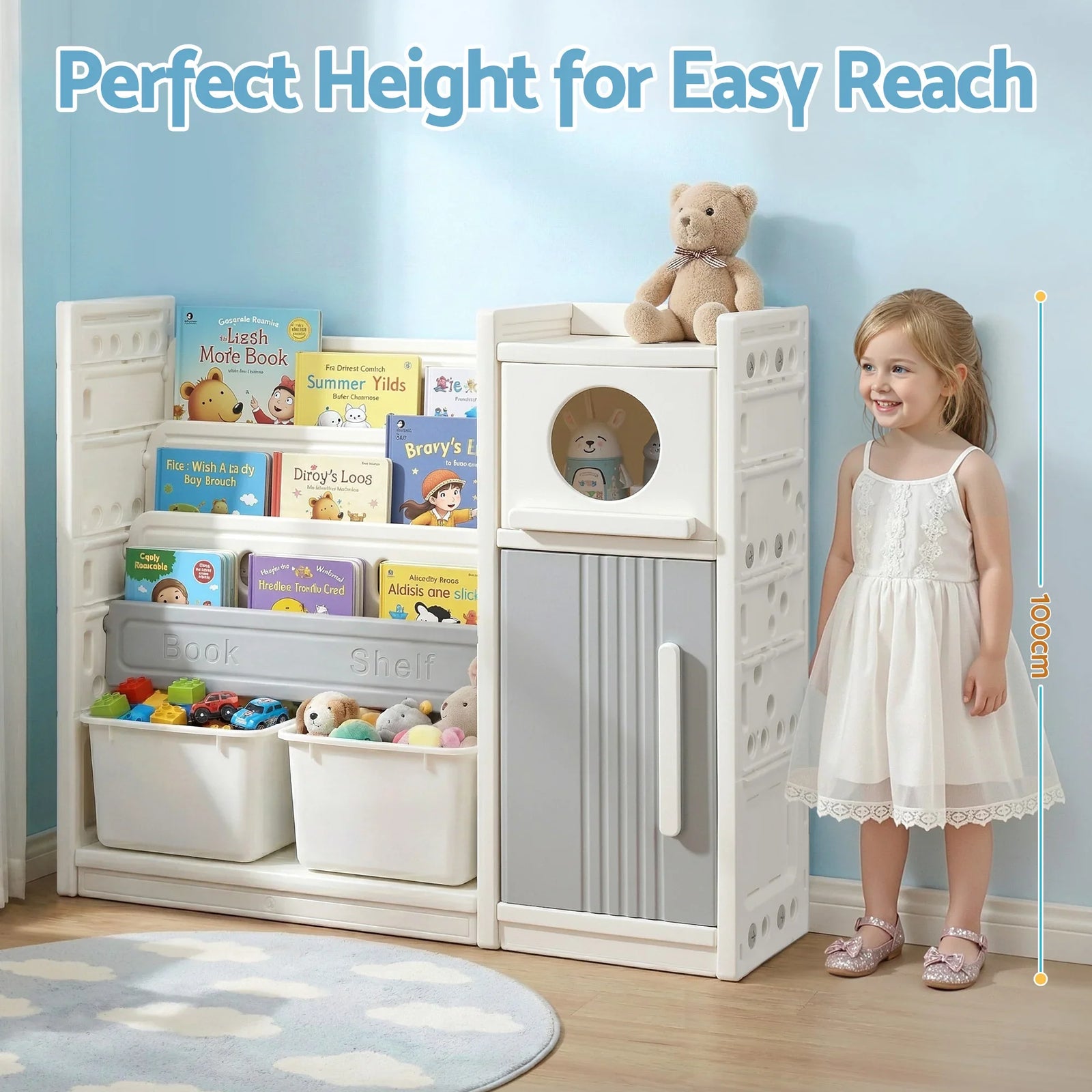 Kids Bookshelf and Toy Storage Organizer with 3-Tier Bookshelvs, 2 Removable Bins and 2 Storage Cabinets, Toddler Bookshelf with Toy Organizer for Kids' Rooms, Playrooms
