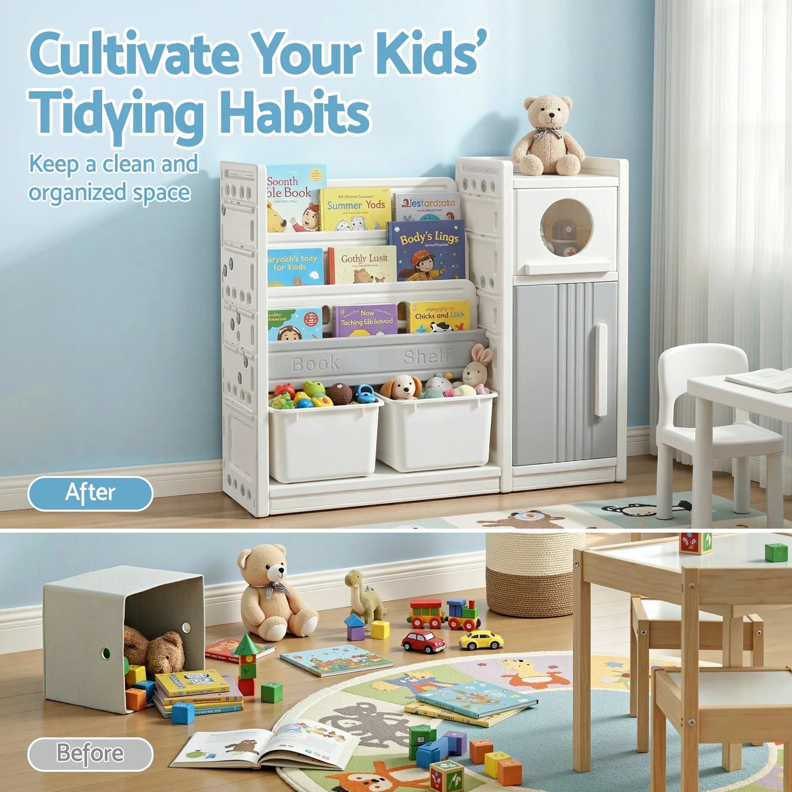 Kids Bookshelf and Toy Storage Organizer with 3-Tier Bookshelvs, 2 Removable Bins and 2 Storage Cabinets, Toddler Bookshelf with Toy Organizer for Kids' Rooms, Playrooms