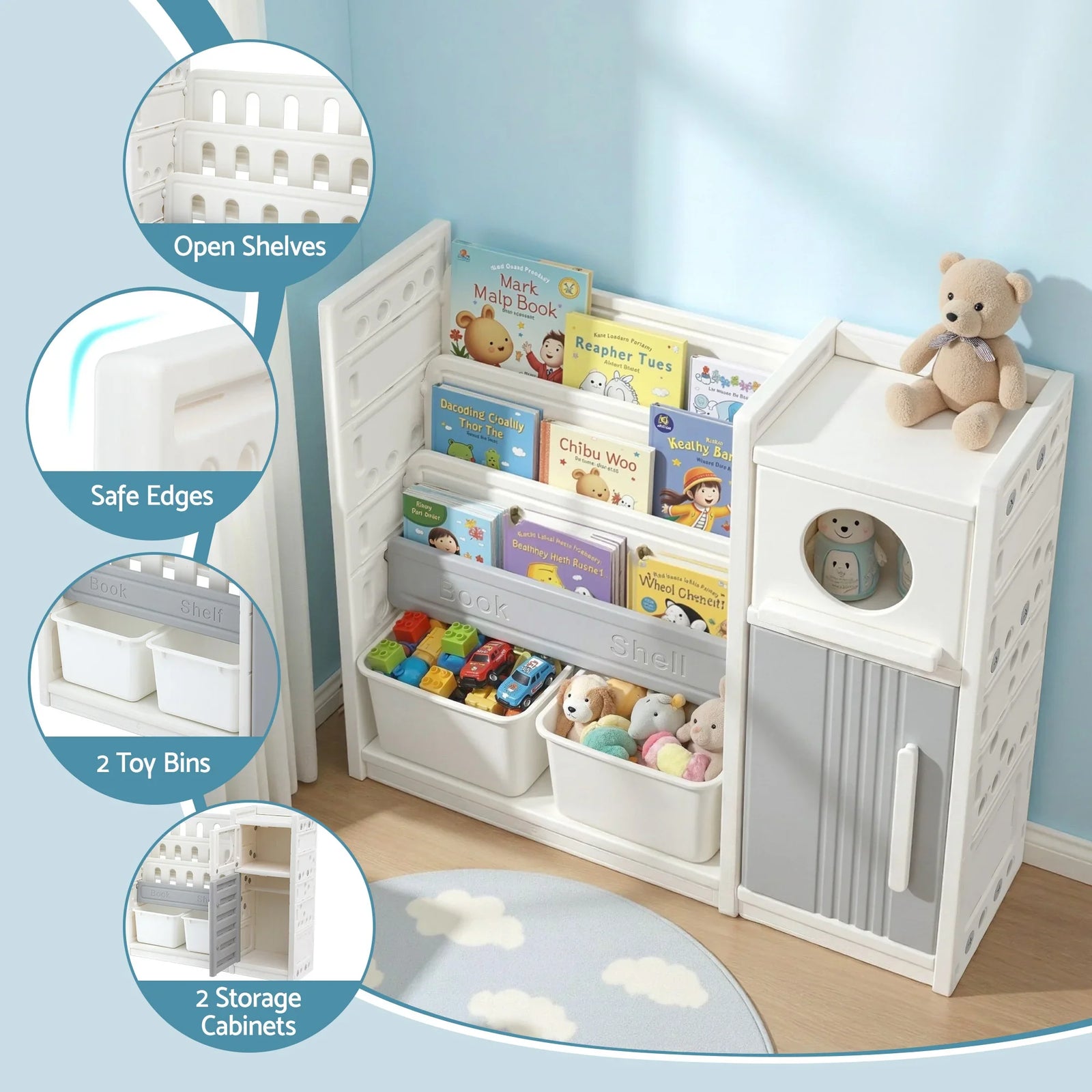 Kids Bookshelf and Toy Storage Organizer with 3-Tier Bookshelvs, 2 Removable Bins and 2 Storage Cabinets, Toddler Bookshelf with Toy Organizer for Kids' Rooms, Playrooms