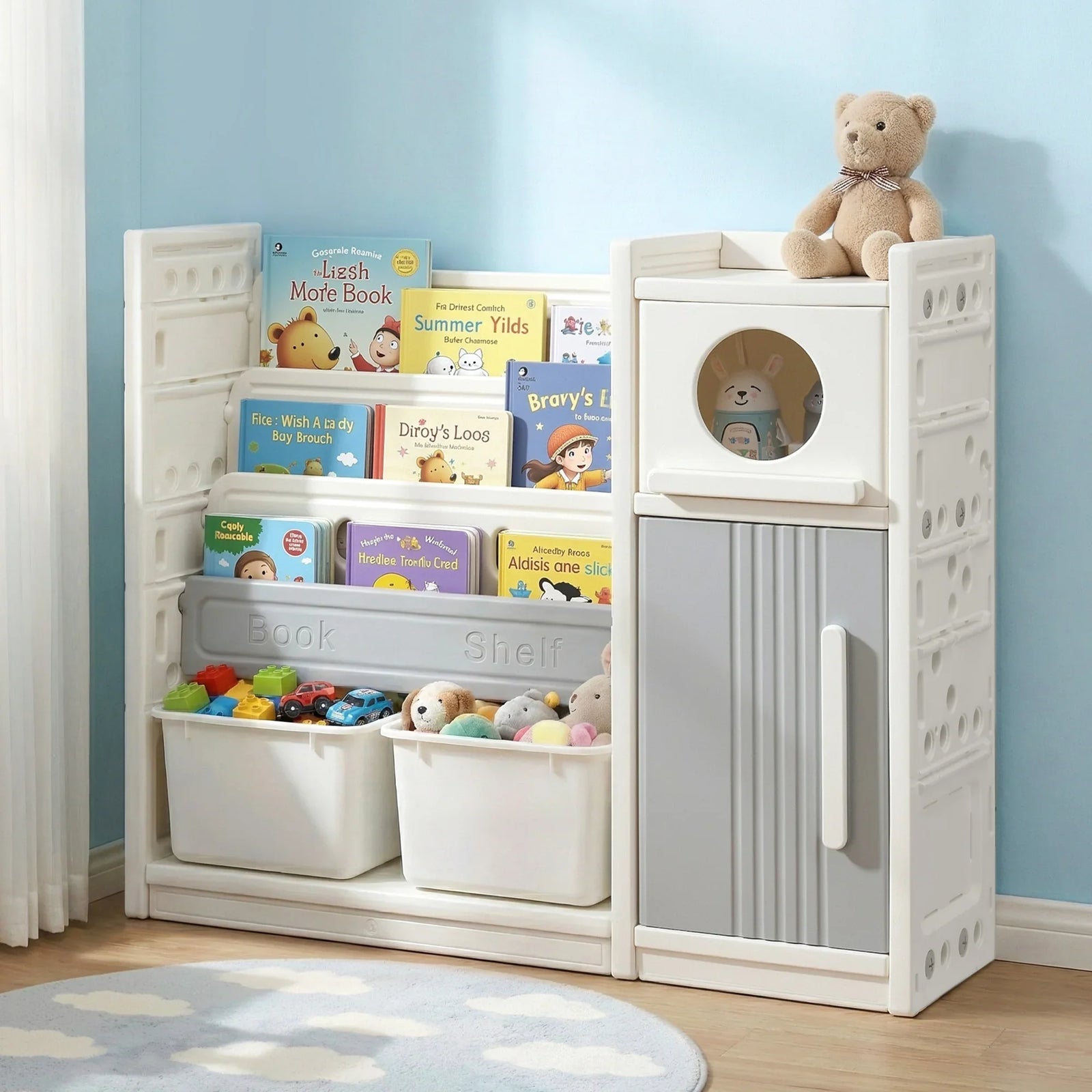 Kids Bookshelf and Toy Storage Organizer with 3-Tier Bookshelvs, 2 Removable Bins and 2 Storage Cabinets, Toddler Bookshelf with Toy Organizer for Kids' Rooms, Playrooms