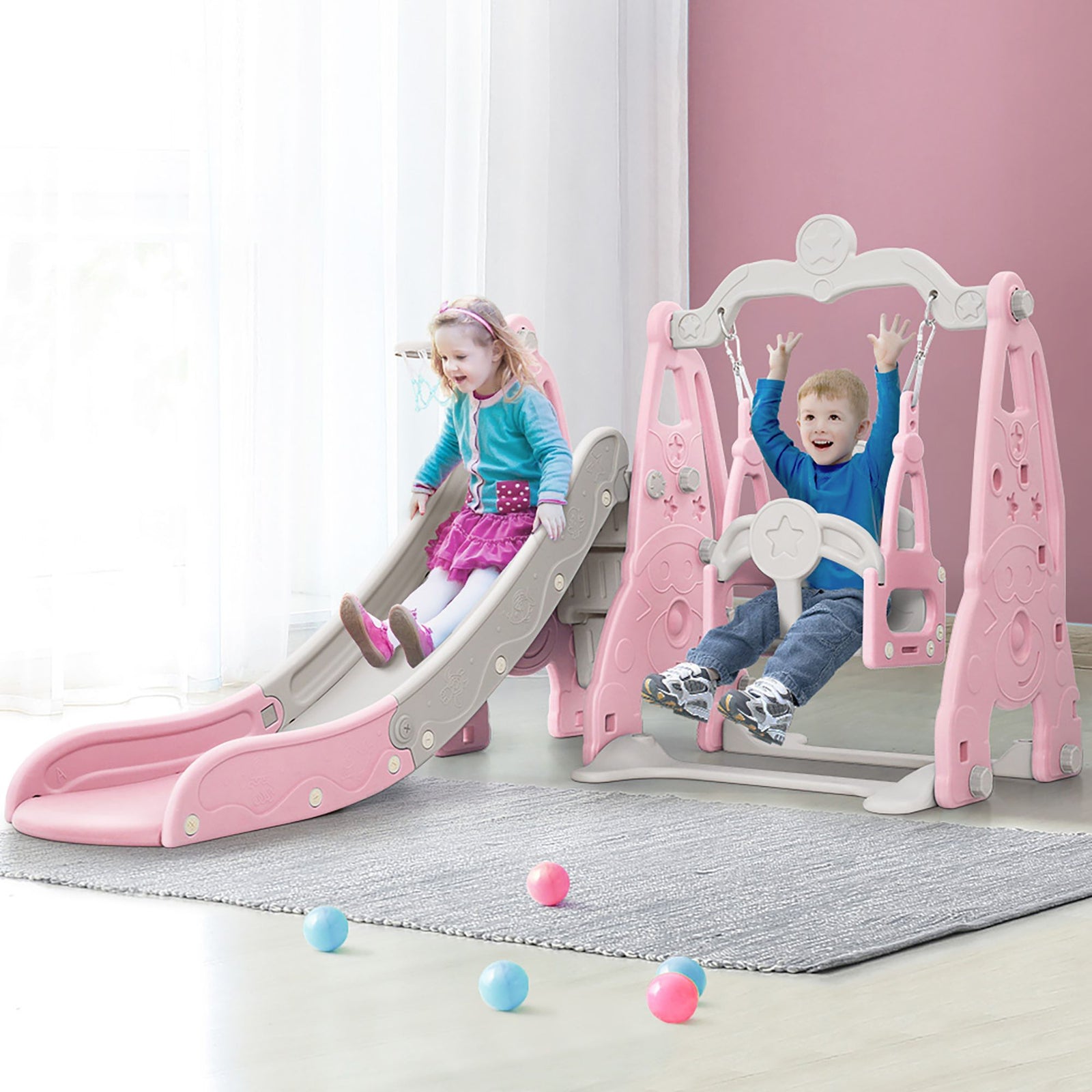 Kids 3‑in‑1 Swing & Slide Set – Slide, Swing, Basketball Hoop, HDPE Pink