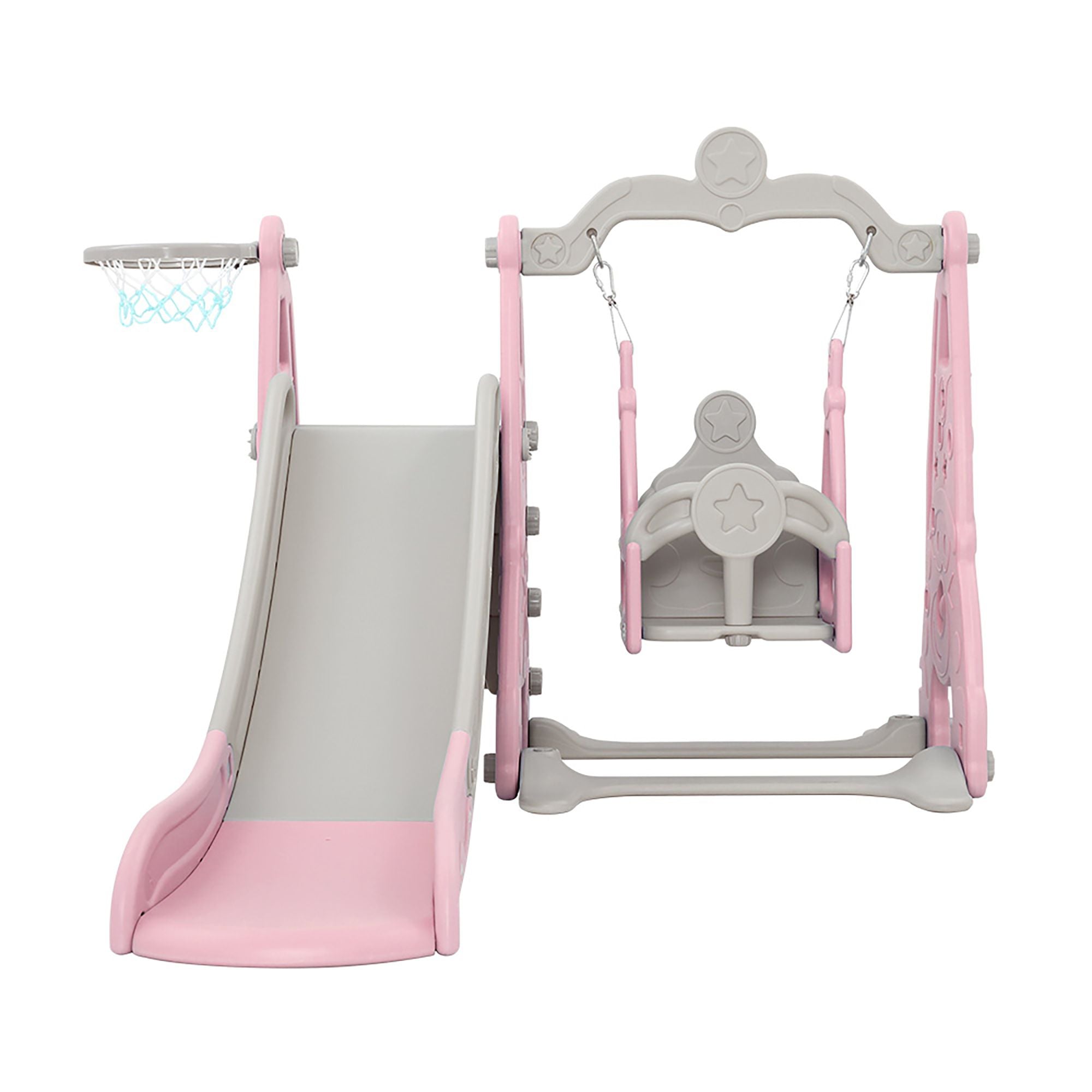 Kids 3‑in‑1 Swing & Slide Set – Slide, Swing, Basketball Hoop, HDPE Pink