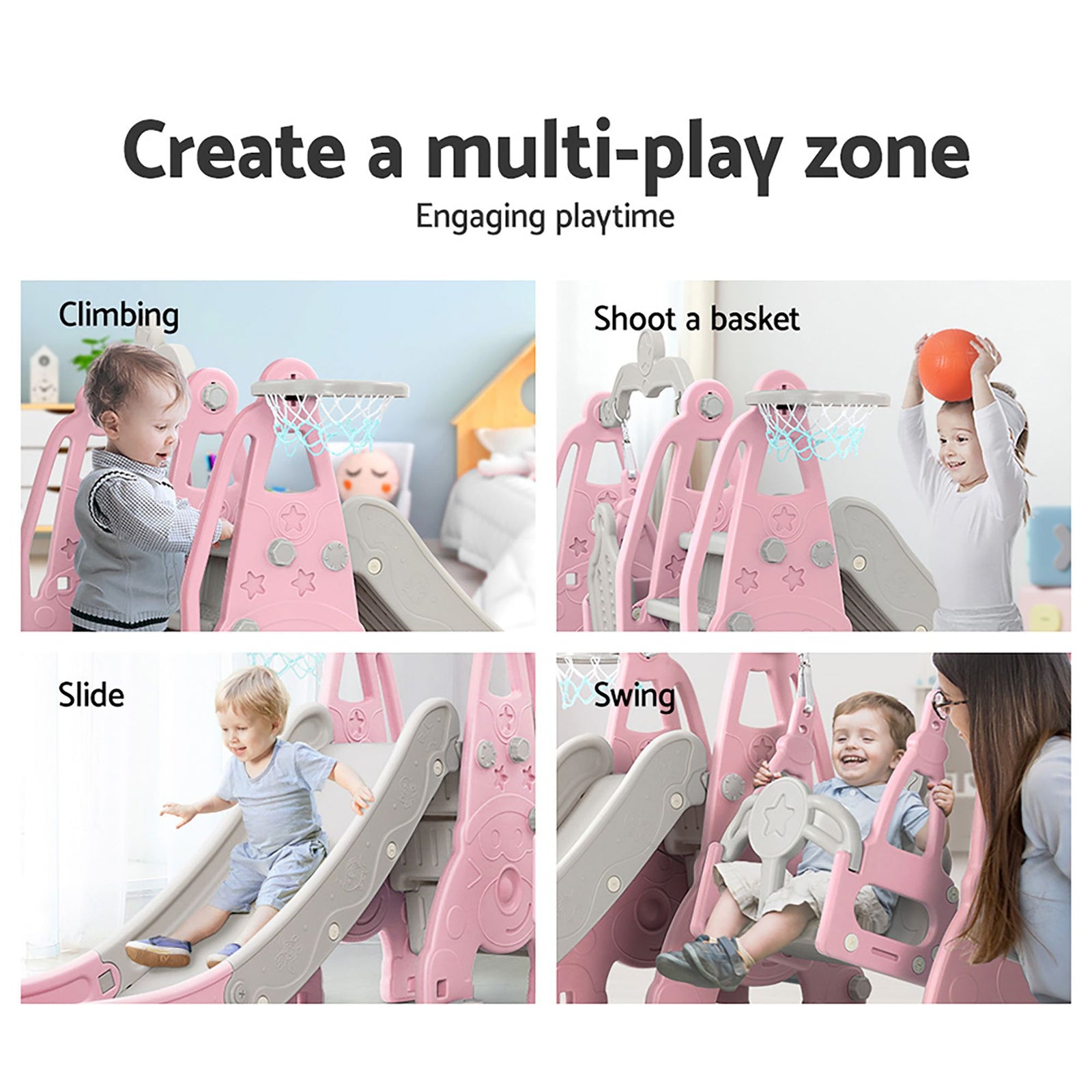 Kids 3‑in‑1 Swing & Slide Set – Slide, Swing, Basketball Hoop, HDPE Pink