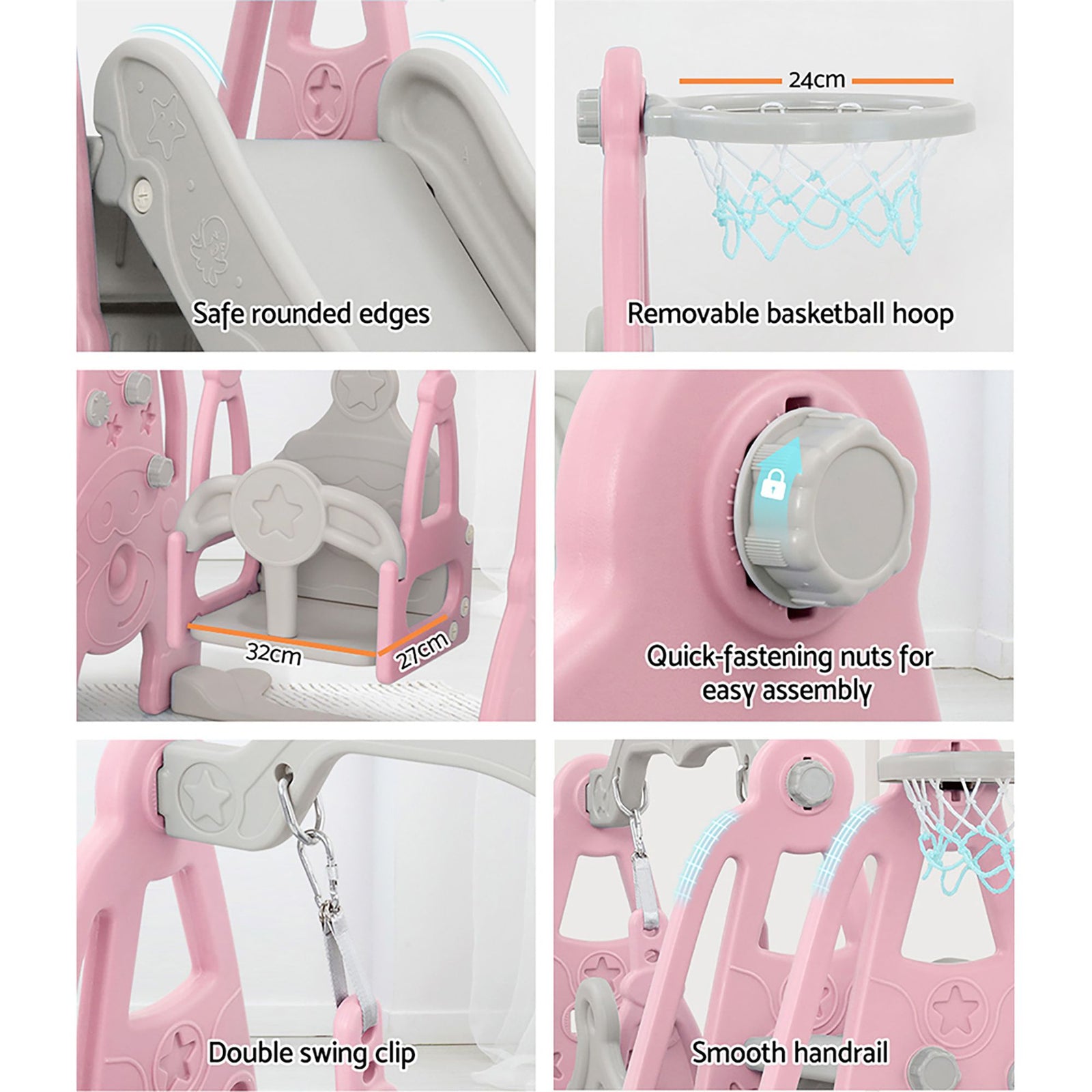 Kids 3‑in‑1 Swing & Slide Set – Slide, Swing, Basketball Hoop, HDPE Pink