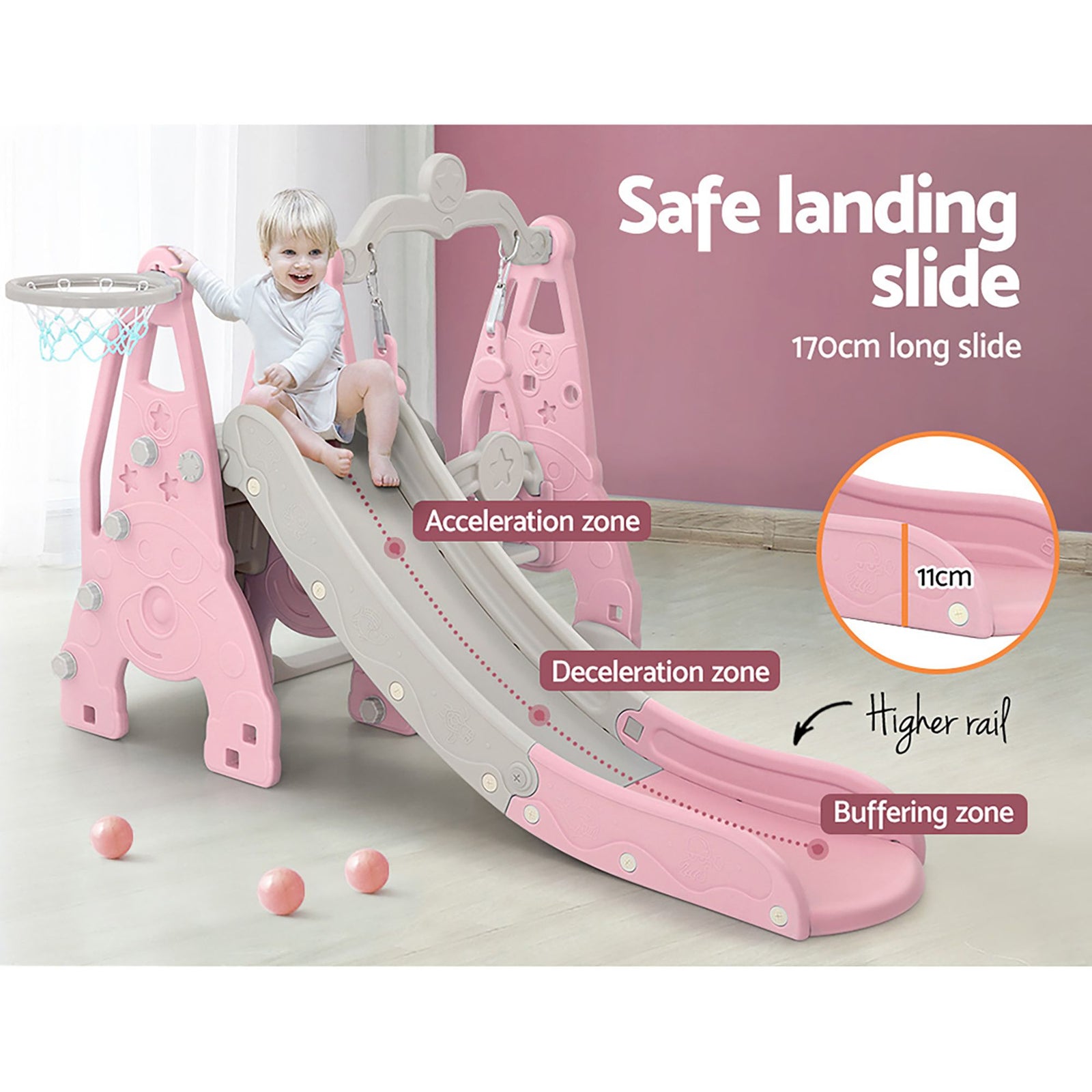 Kids 3‑in‑1 Swing & Slide Set – Slide, Swing, Basketball Hoop, HDPE Pink