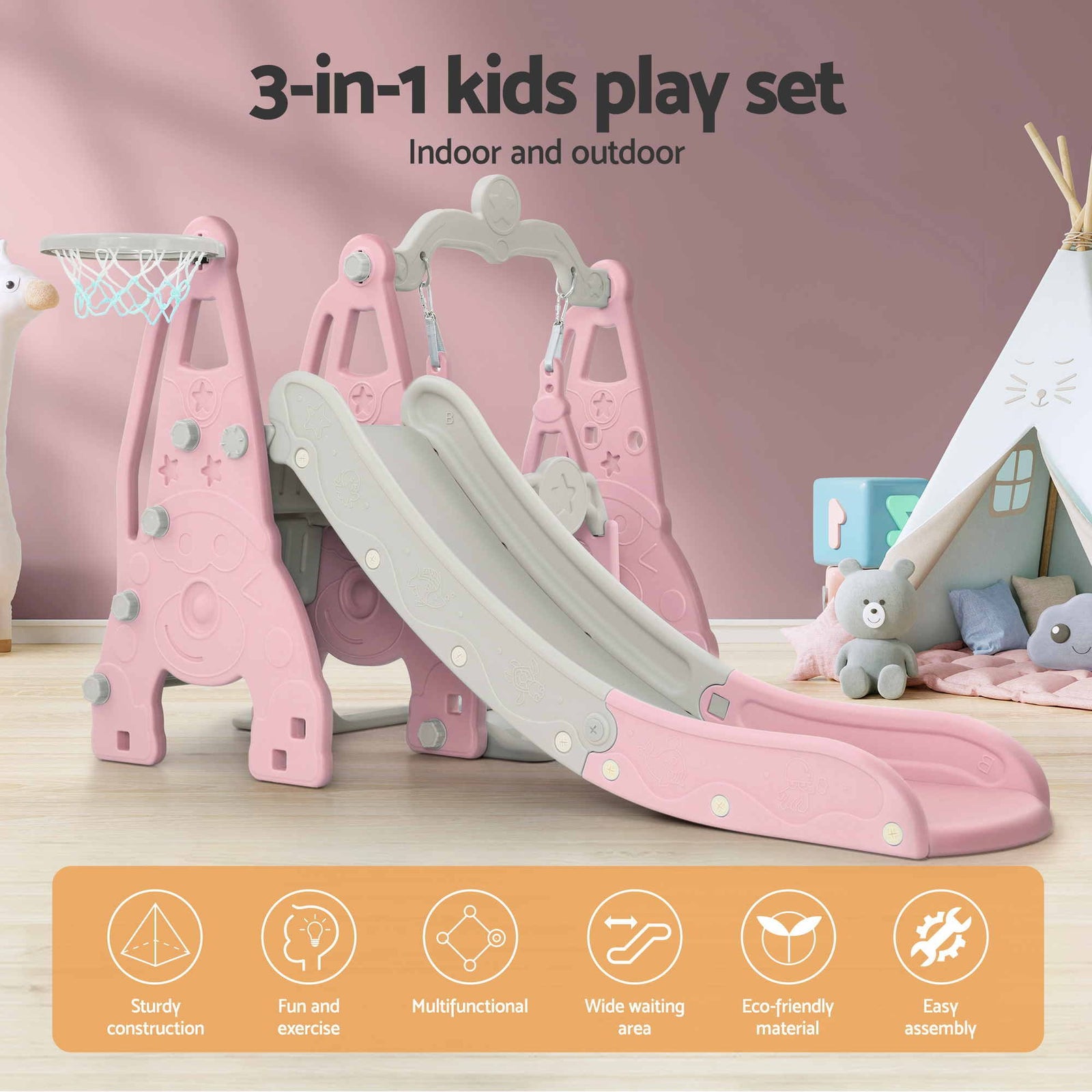 Kids 3‑in‑1 Swing & Slide Set – Slide, Swing, Basketball Hoop, HDPE Pink
