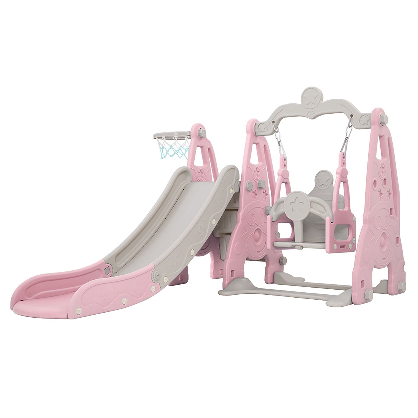Kids 3‑in‑1 Swing & Slide Set – Slide, Swing, Basketball Hoop, HDPE Pink