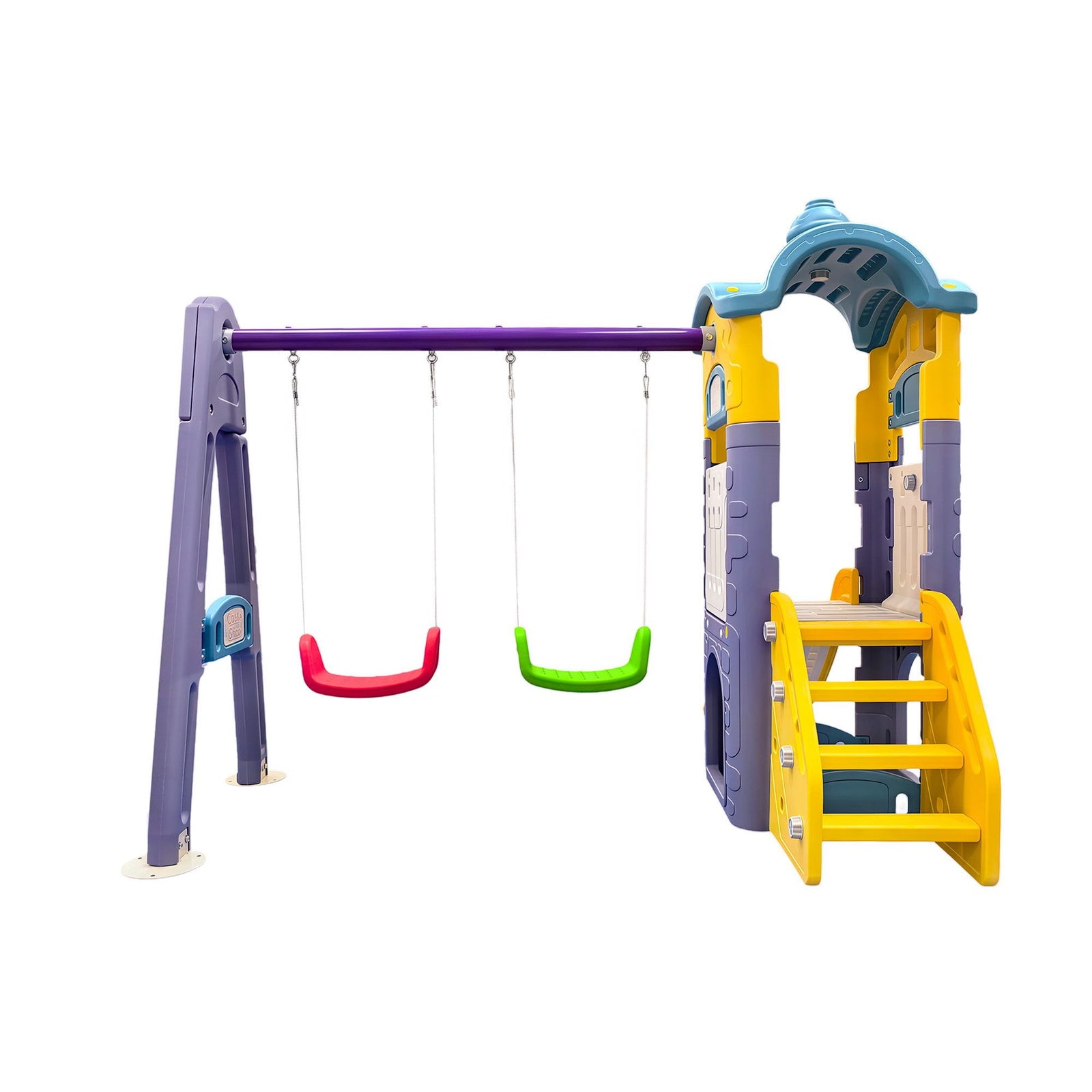 Kids 4-in-1 Slide Swing Set Double Swing Basketball Hoop Playhouse