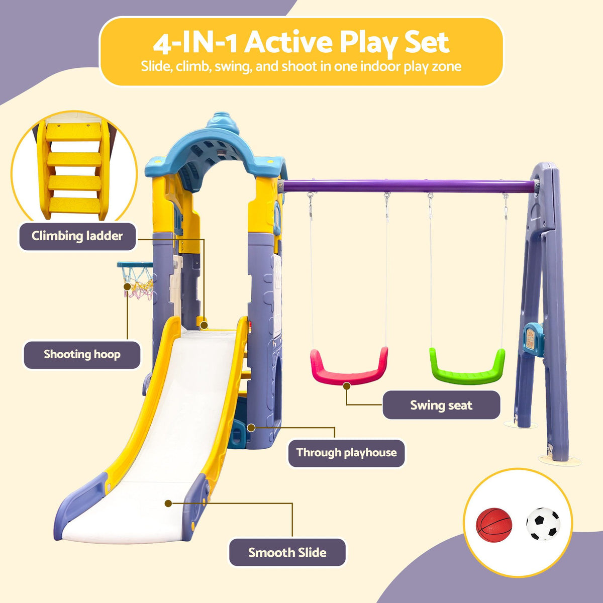 Kids 4-in-1 Slide Swing Set Double Swing Basketball Hoop Playhouse