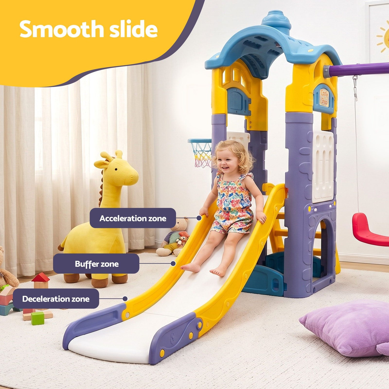 Kids 4-in-1 Slide Swing Set Double Swing Basketball Hoop Playhouse