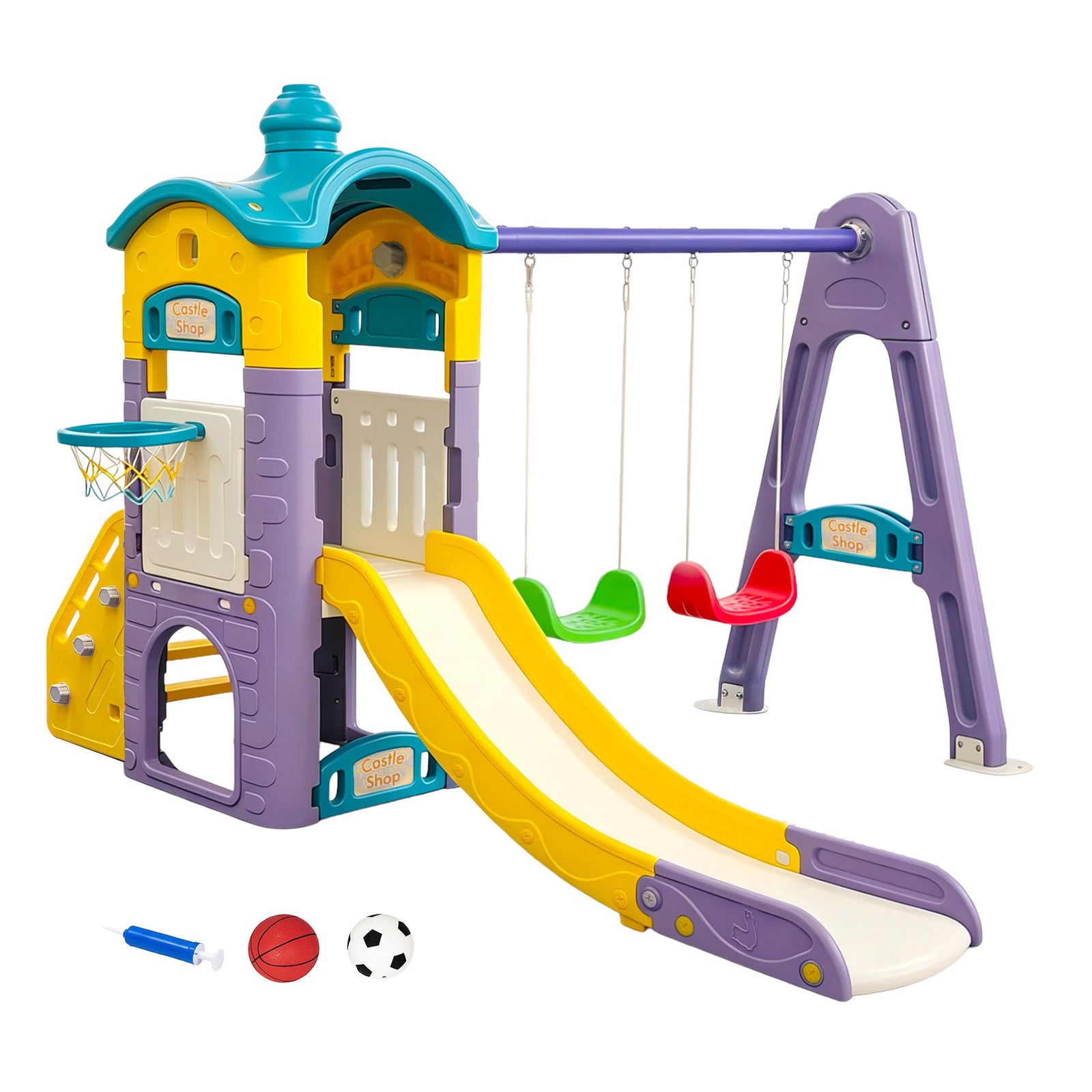 Kids 4-in-1 Slide Swing Set Double Swing Basketball Hoop Playhouse