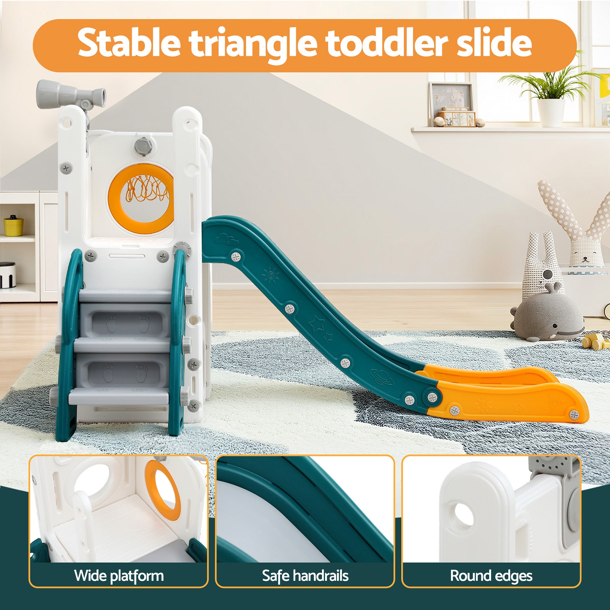 Kids Slide Set Basketball Hoop Outdoor Playground Outdoor Toys Telescope Storage