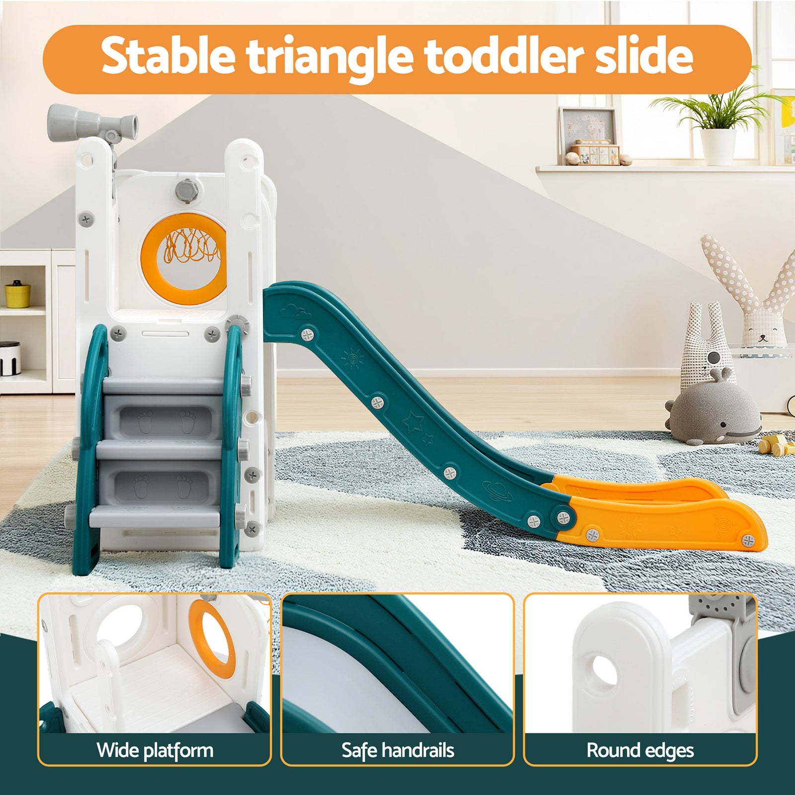 Kids Slide Set Basketball Hoop Outdoor Playground Outdoor Toys Telescope Storage