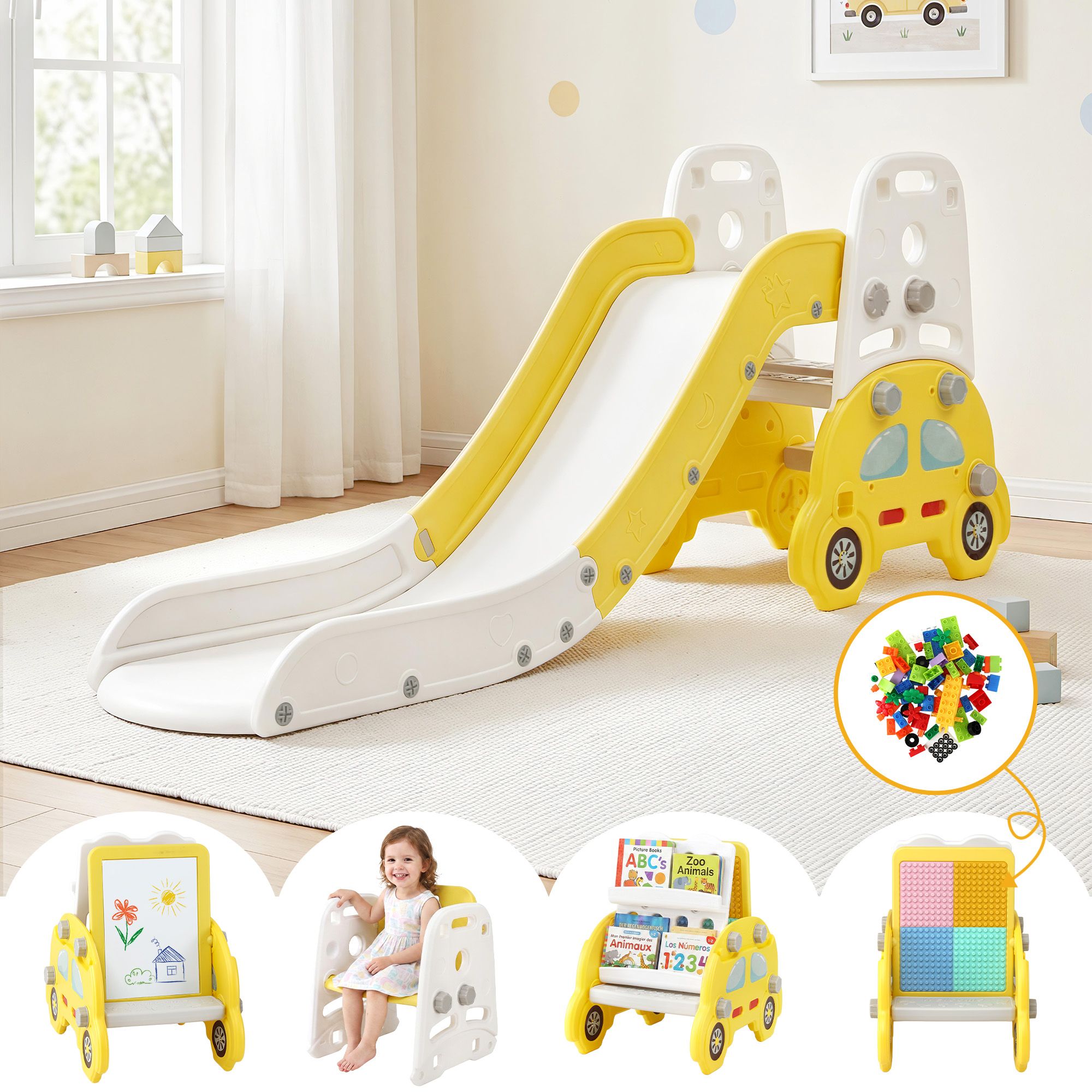 Kids Slide Playset 5‑in‑1 Yellow – Bookshelf, Drawing Board & Table