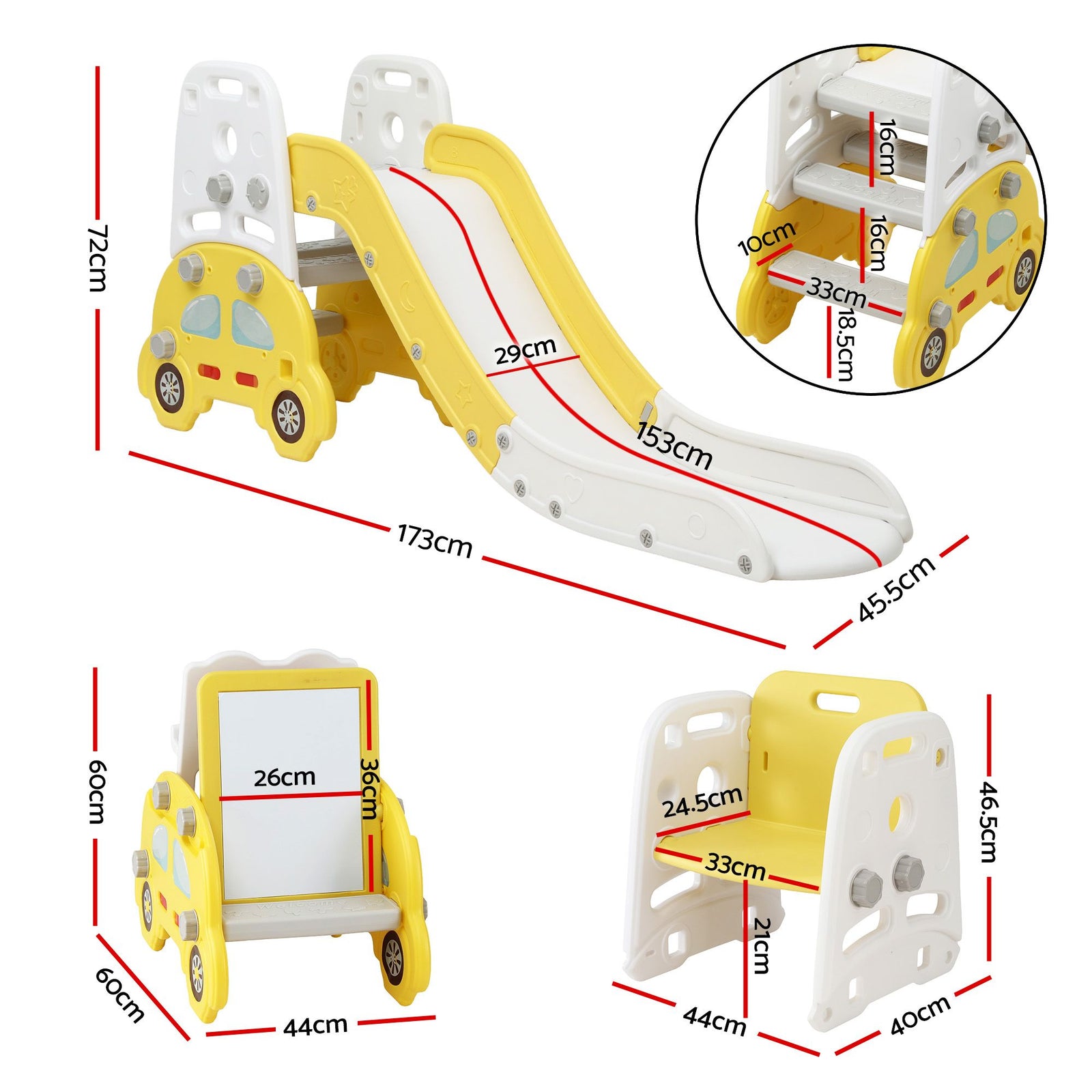 Kids Slide Playset 5‑in‑1 Yellow – Bookshelf, Drawing Board & Table