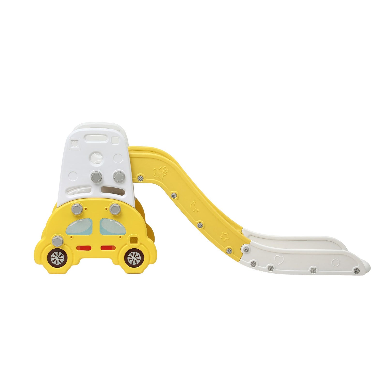 Kids Slide Playset 5‑in‑1 Yellow – Bookshelf, Drawing Board & Table