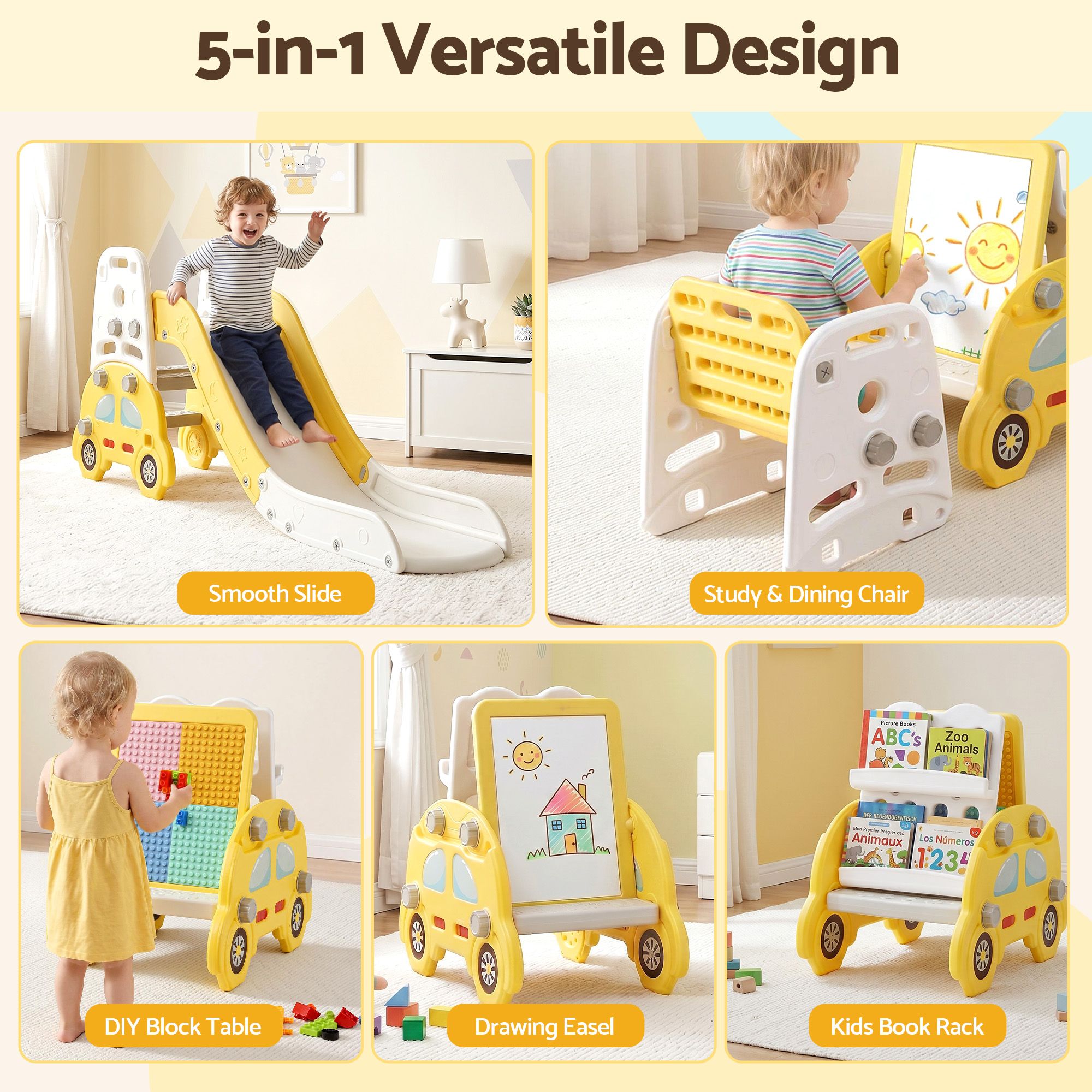 Kids Slide Playset 5‑in‑1 Yellow – Bookshelf, Drawing Board & Table