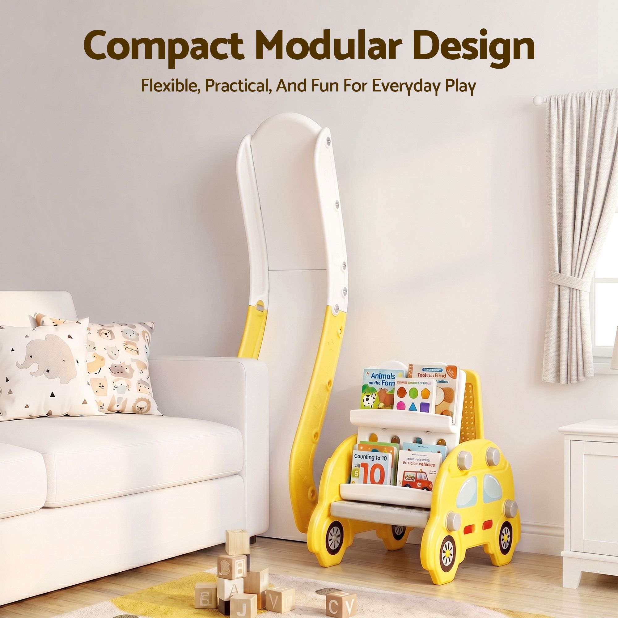 Kids Slide Playset 5‑in‑1 Yellow – Bookshelf, Drawing Board & Table