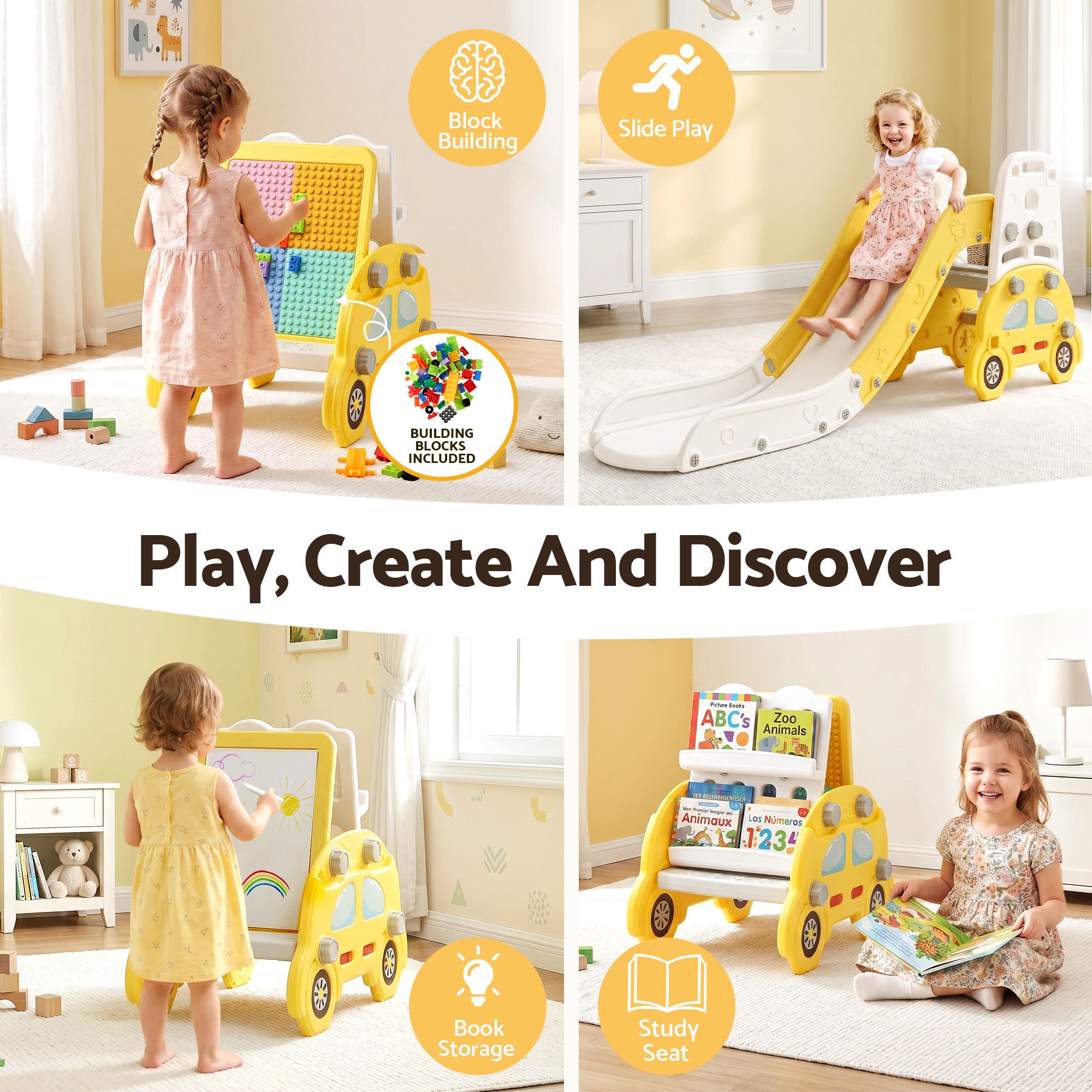 Kids Slide Playset 5‑in‑1 Yellow – Bookshelf, Drawing Board & Table