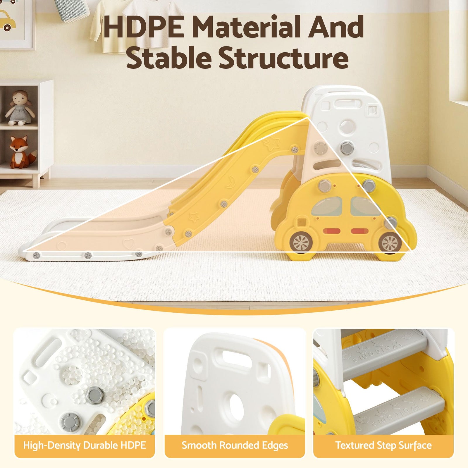 Kids Slide Playset 5‑in‑1 Yellow – Bookshelf, Drawing Board & Table