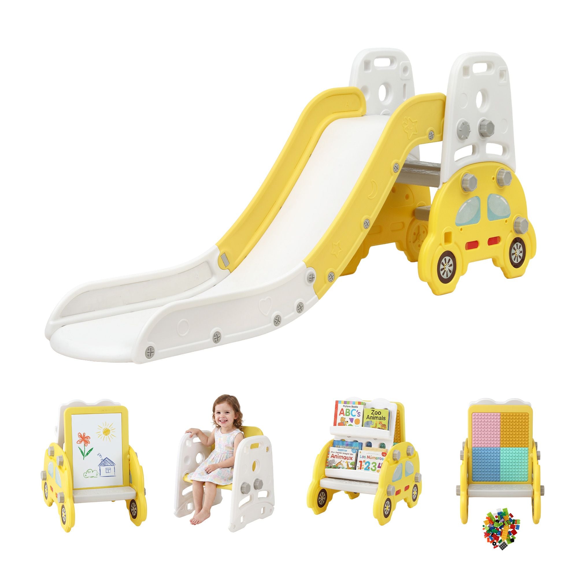 Kids Slide Playset 5‑in‑1 Yellow – Bookshelf, Drawing Board & Table