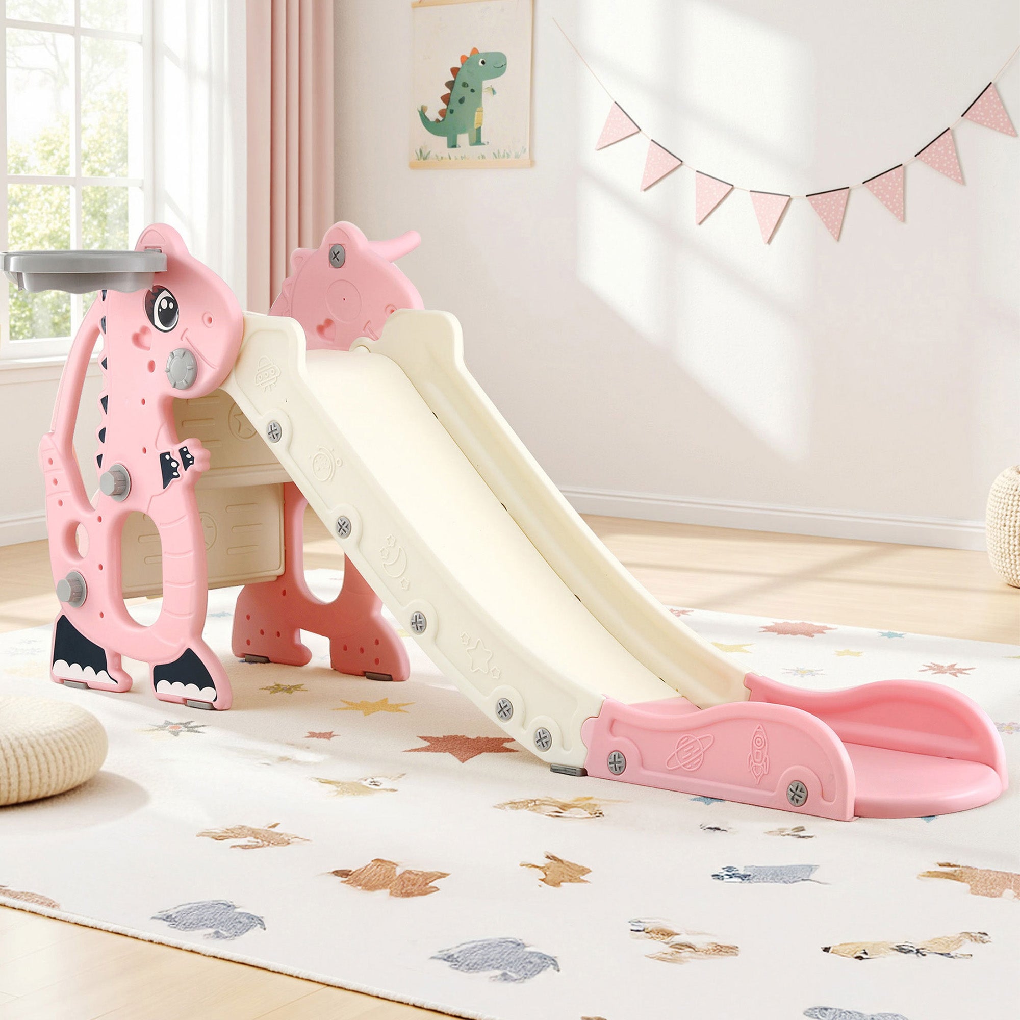 Kids Slide Set Basketball Hoop Outdoor Playground Toy Dragon 125cm Slide Pink