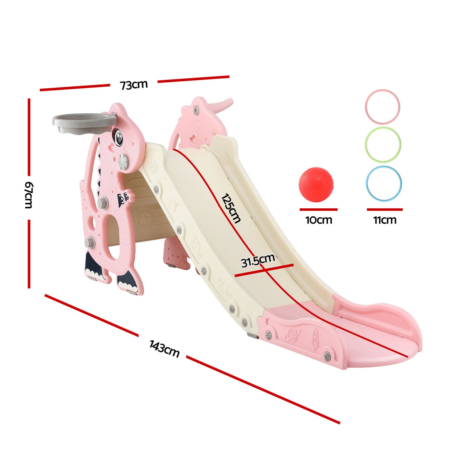 Kids Slide Set Basketball Hoop Outdoor Playground Toy Dragon 125cm Slide Pink