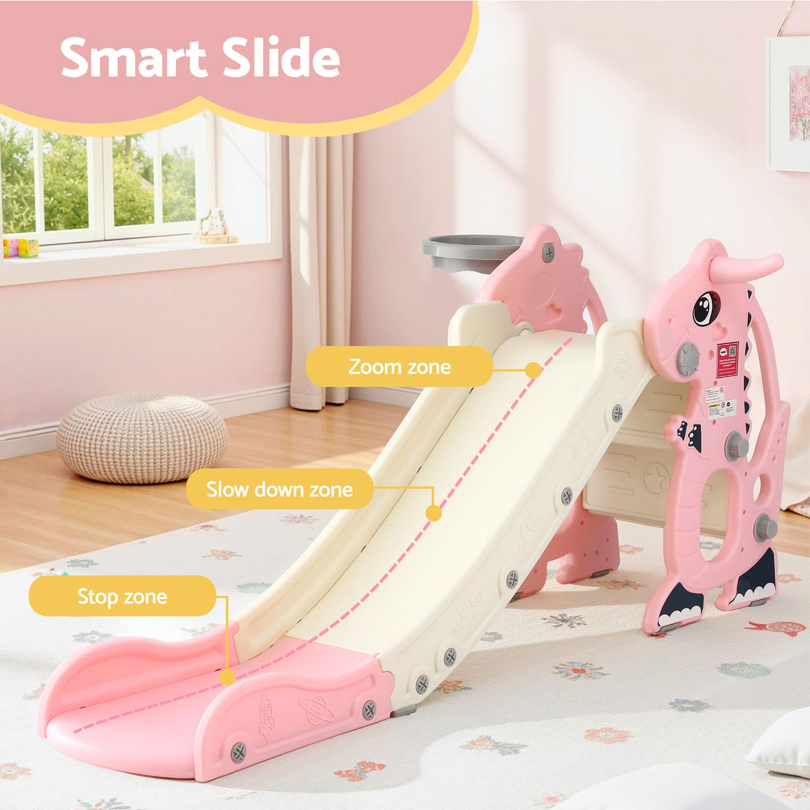 Kids Slide Set Basketball Hoop Outdoor Playground Toy Dragon 125cm Slide Pink