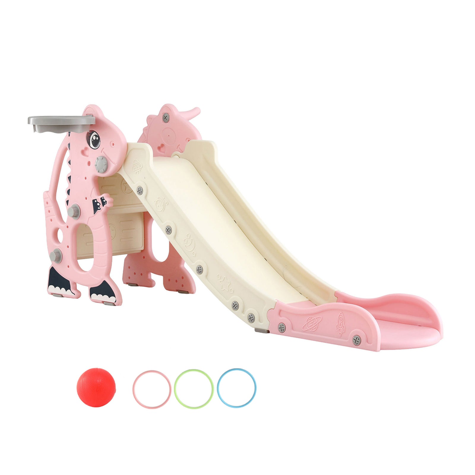 Kids Slide Set Basketball Hoop Outdoor Playground Toy Dragon 125cm Slide Pink
