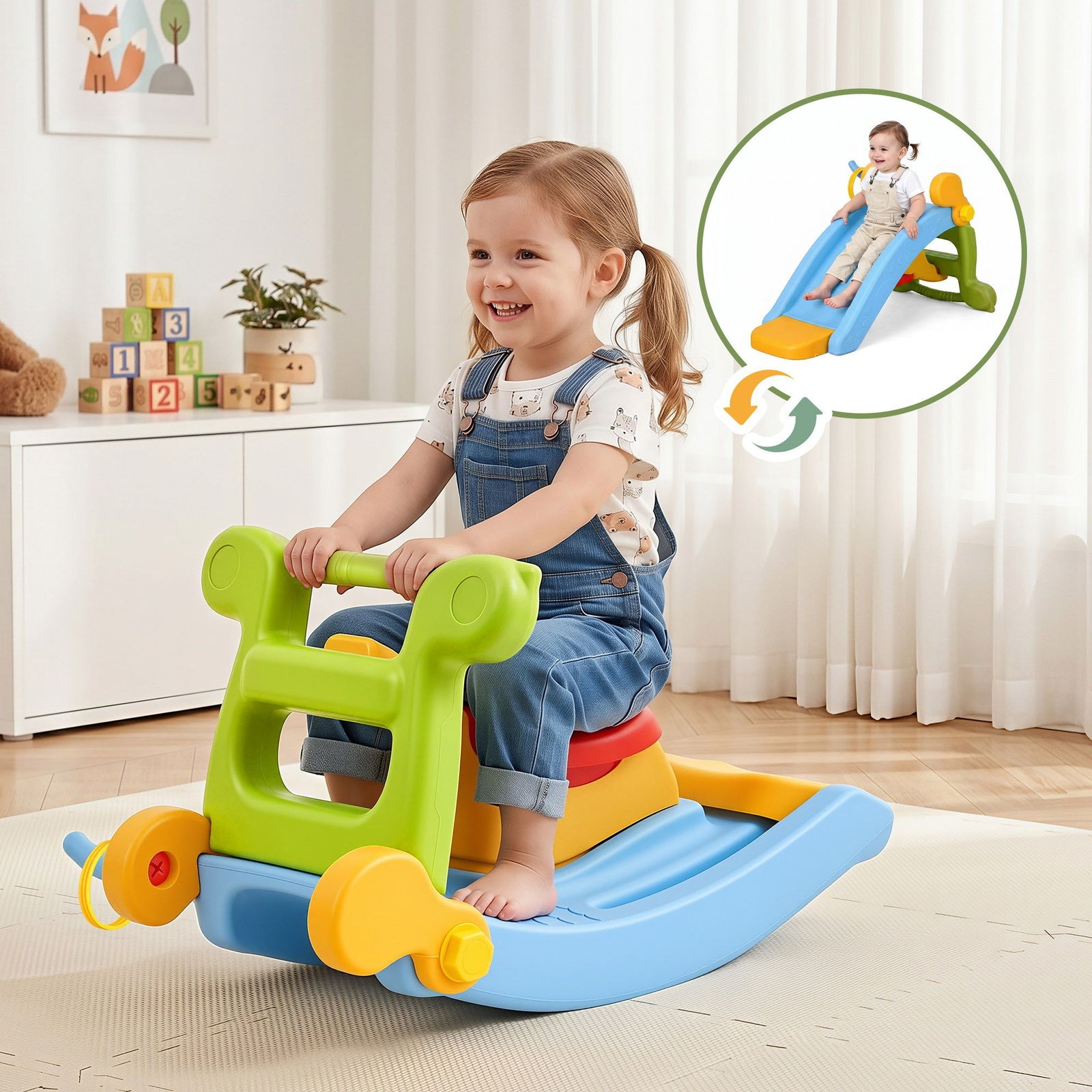 Kids 3‑in‑1 Slide Set – Slide, Rocking Horse & Ring Toss, HDPE, Multicolour