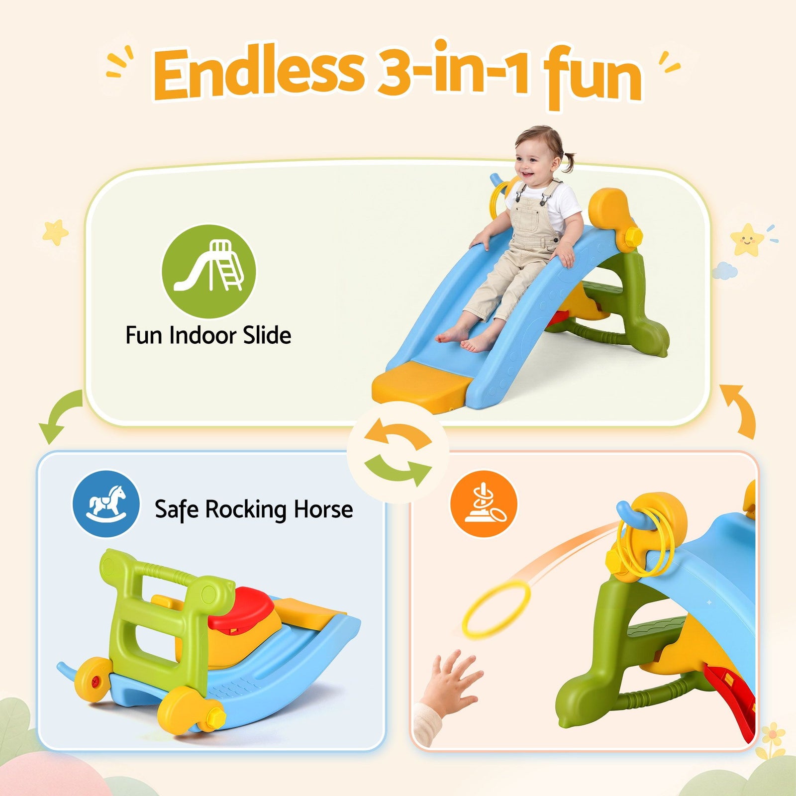 Kids 3‑in‑1 Slide Set – Slide, Rocking Horse & Ring Toss, HDPE, Multicolour