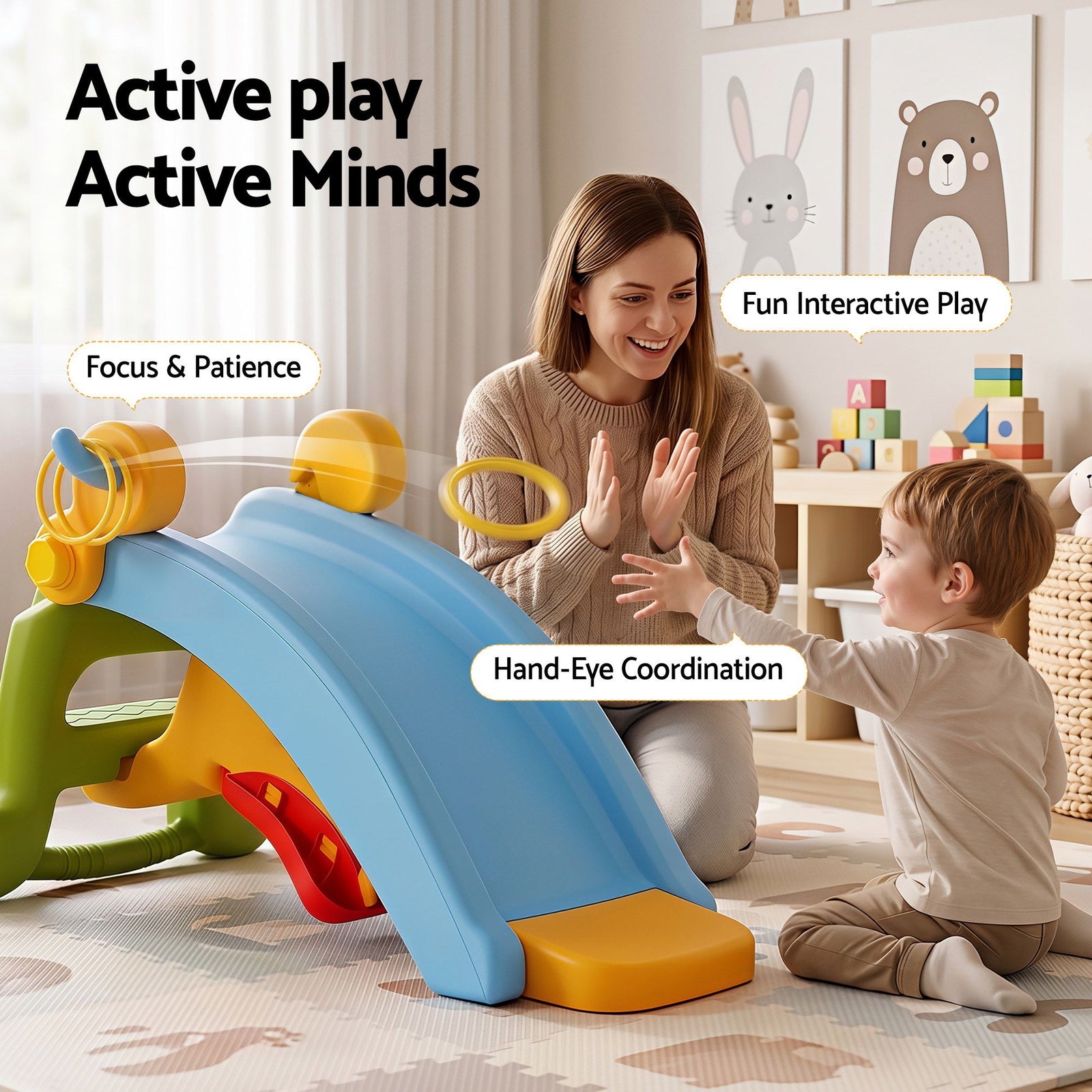 Kids 3‑in‑1 Slide Set – Slide, Rocking Horse & Ring Toss, HDPE, Multicolour