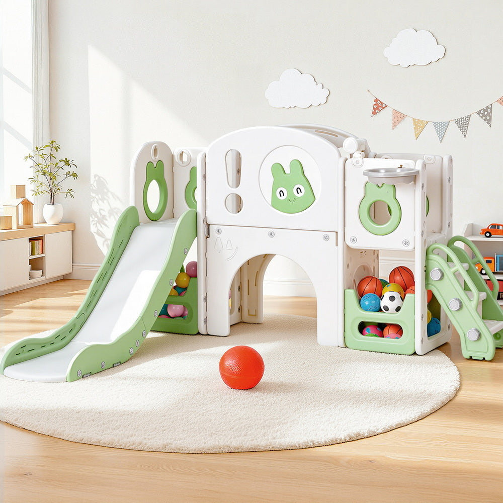 Kids Slide Swing Set Ball Hoop Rings Football Outdoor Toys Green