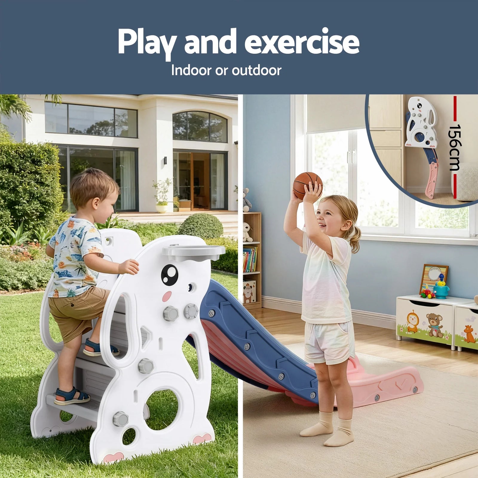 Kids Slide Set Basketball Hoop Ring Outdoor Playground Toy Rabbit 147cm